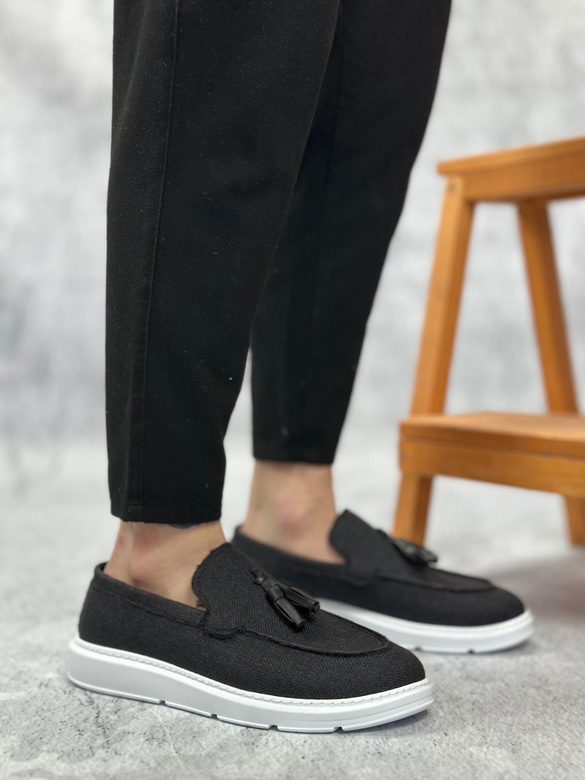 BA0005 Laceless High Sole Classic Linen Black Tassel Men's Shoes - STREETMODE ™