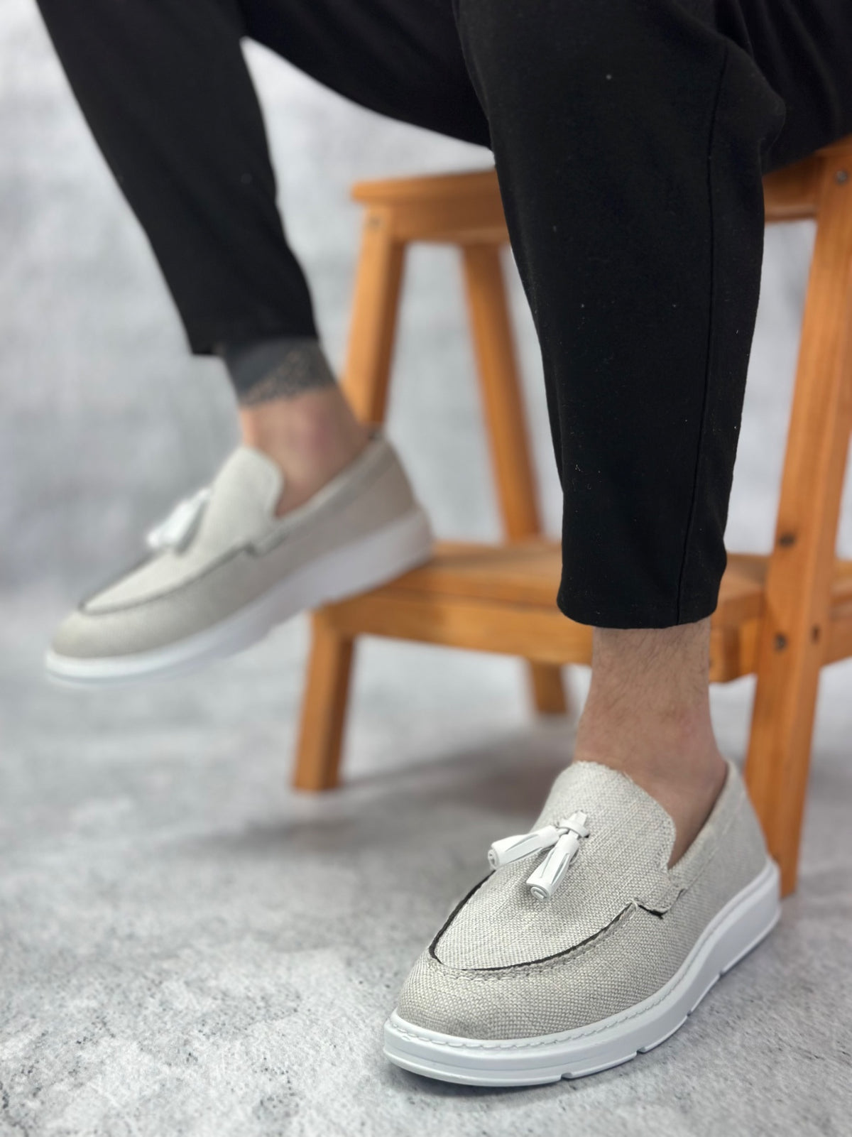 BA0005 Laceless High Sole Classic New Linen Gray Tassel Men's Shoes - STREETMODE ™