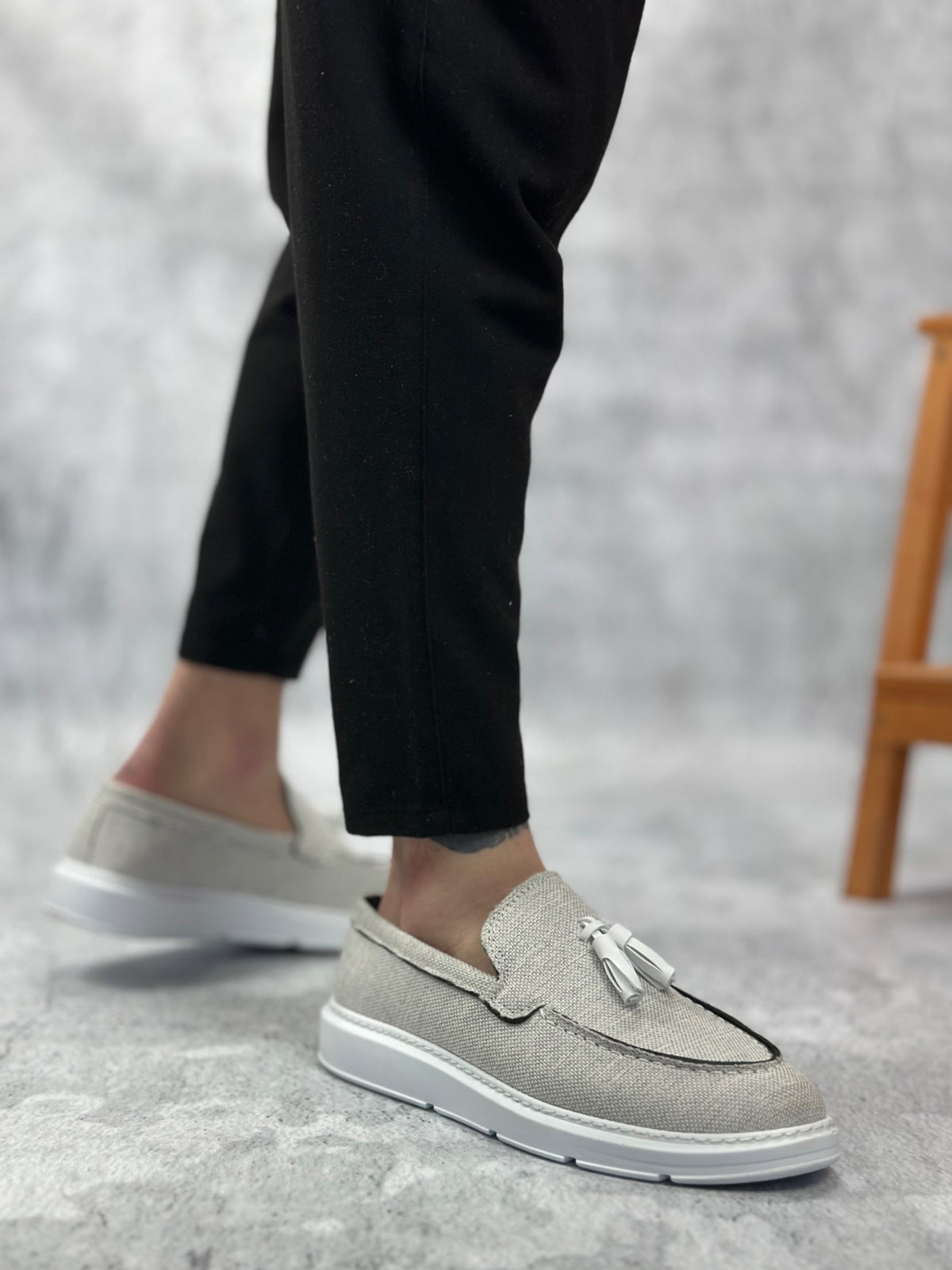 BA0005 Laceless High Sole Classic New Linen Gray Tassel Men's Shoes - STREETMODE ™