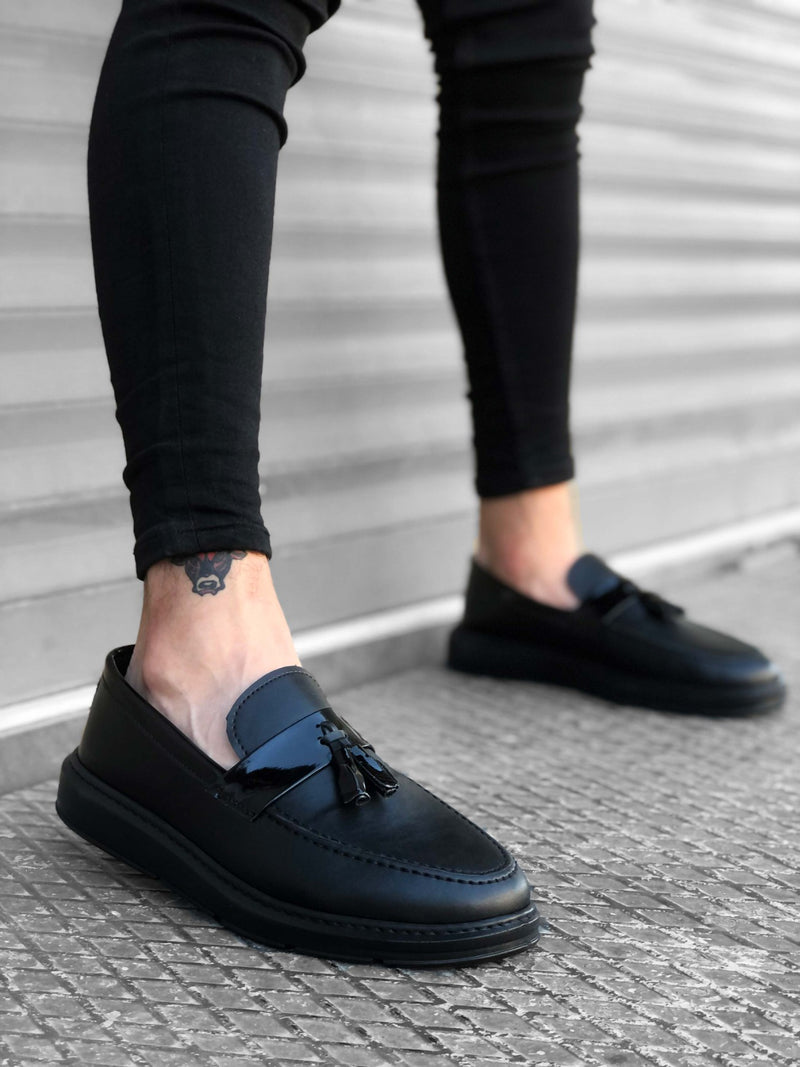 BA0005 Lace-Up High Sole Classic Black Shiny Belted Tasseled Men's Shoes - STREETMODE ™