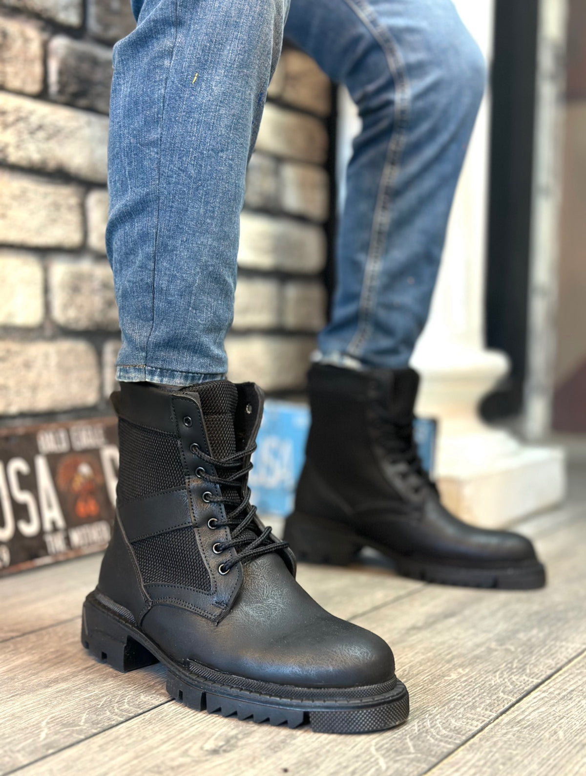 BA0087 Black Lace-up Men's Sports Leather Boots - STREETMODE ™