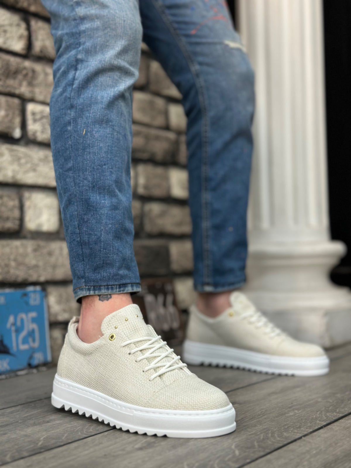 BA0152 Lace-Up High Sole Cream Linen Men's Shoes - STREETMODE ™