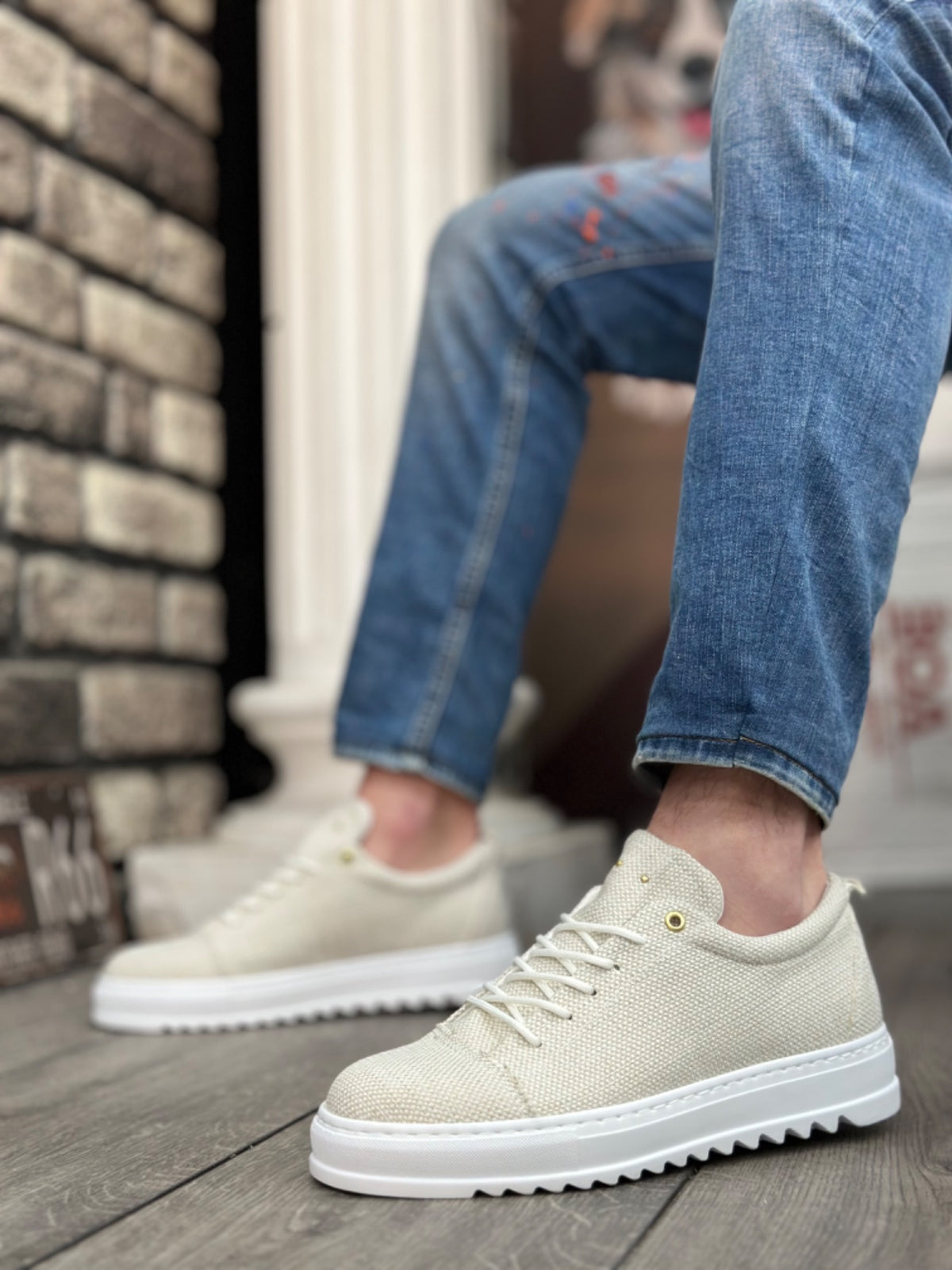 BA0152 Lace-Up High Sole Cream Linen Men's Shoes - STREETMODE ™