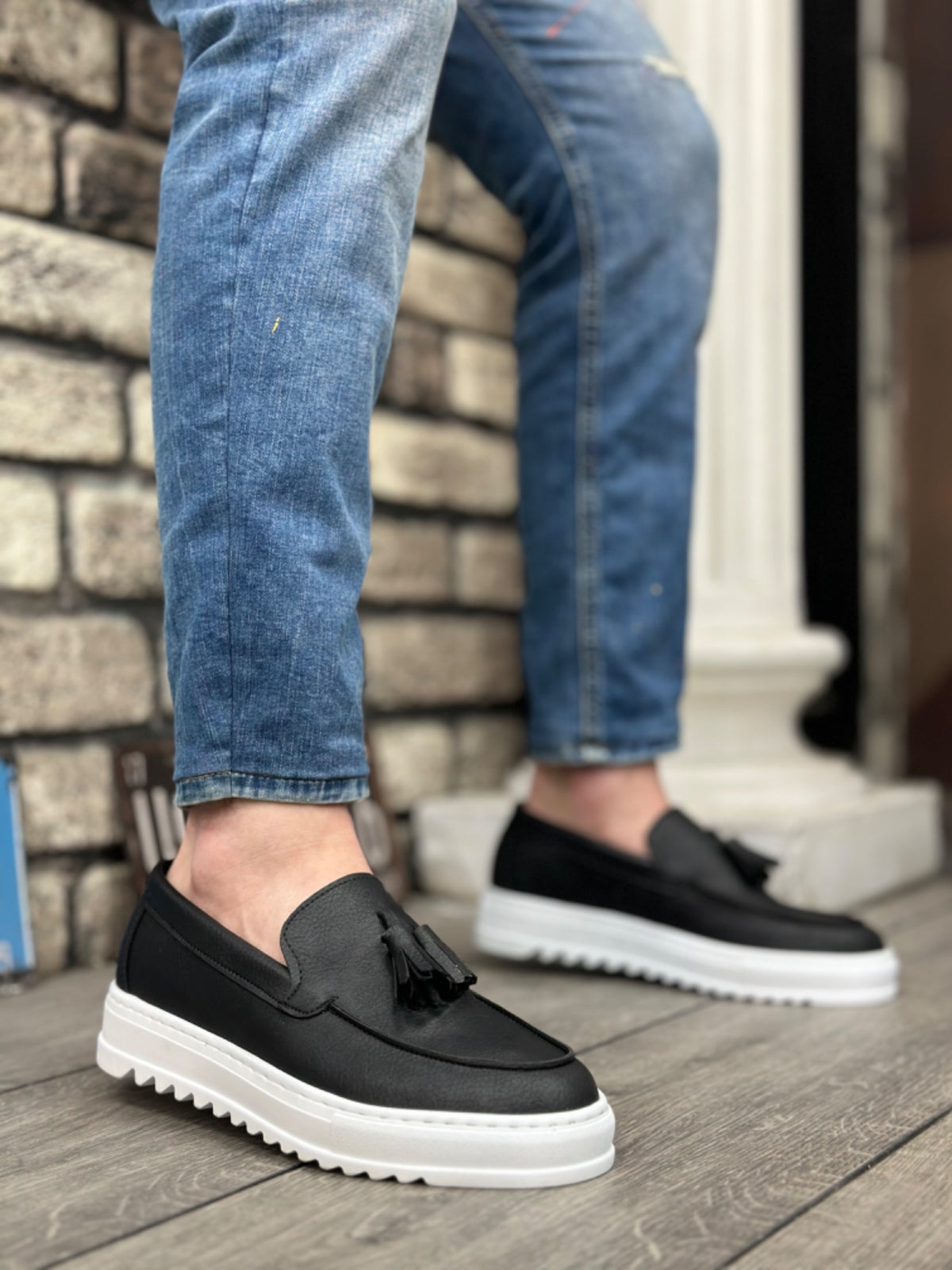 BA0154 Laceless High Sole Skin Black Color White Sole Tassel Men's Shoes - STREETMODE ™