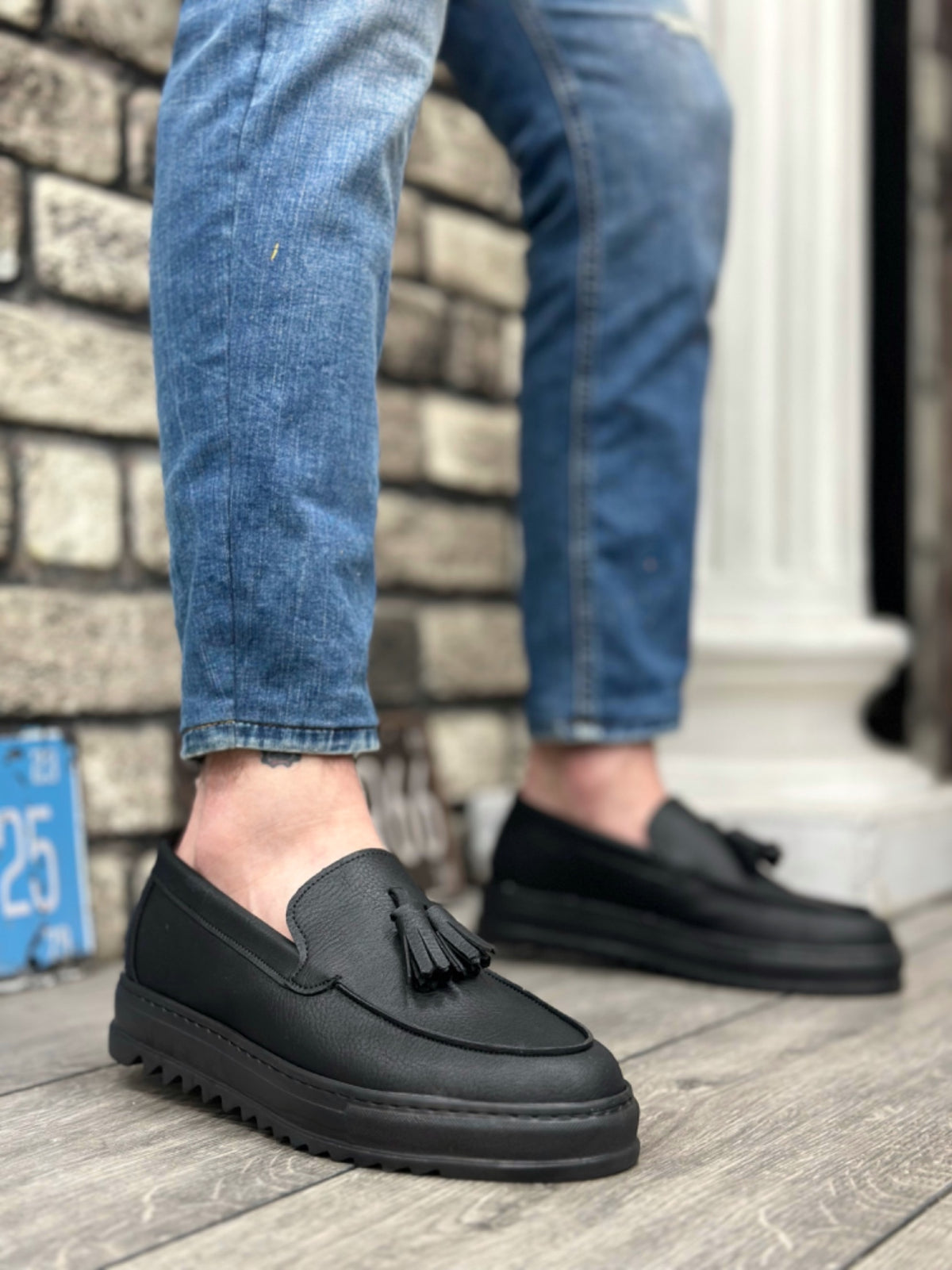 BA0154 Laceless High Sole Skin Black Color Tassel Men's Shoes - STREETMODE ™