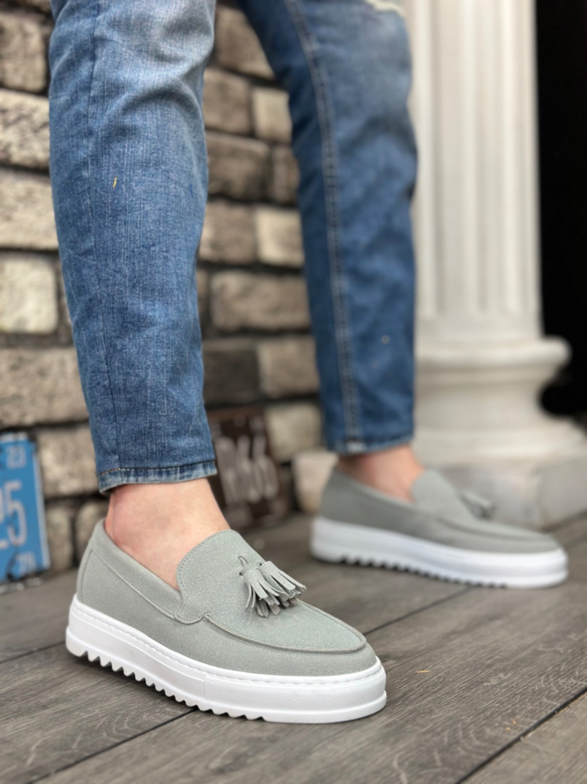 BA0154 Laceless High Sole Gray Suede Tassel Men's Shoes - STREETMODE ™