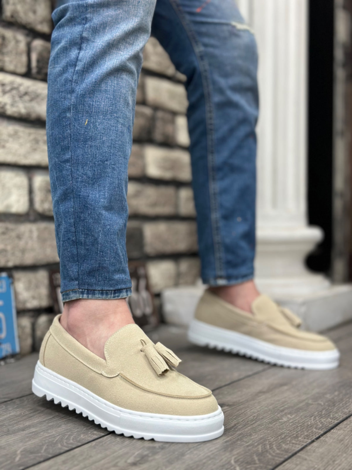 BA0154 Laceless High Sole Linen Cream Color Tassel Men's Shoes - STREETMODE ™
