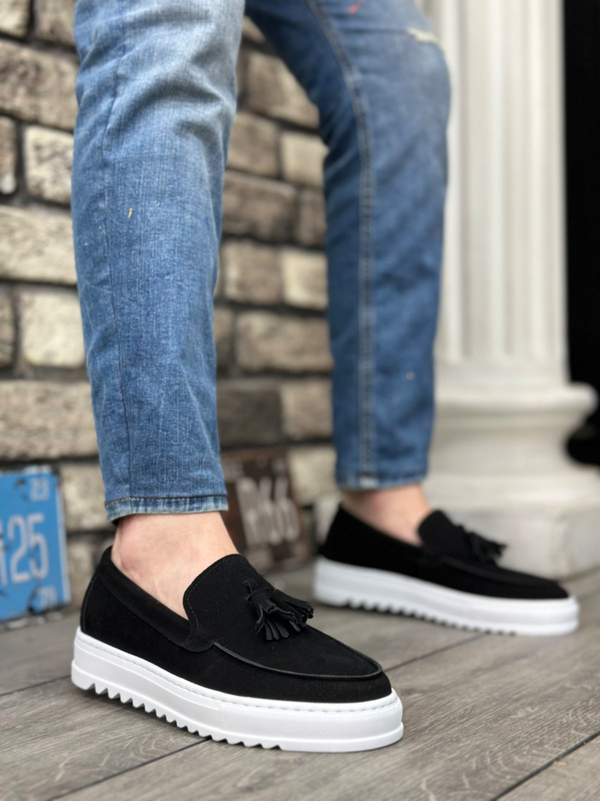 BA0154 Laceless High Sole Suede Black Color White Sole Tassel Men's Shoes - STREETMODE ™