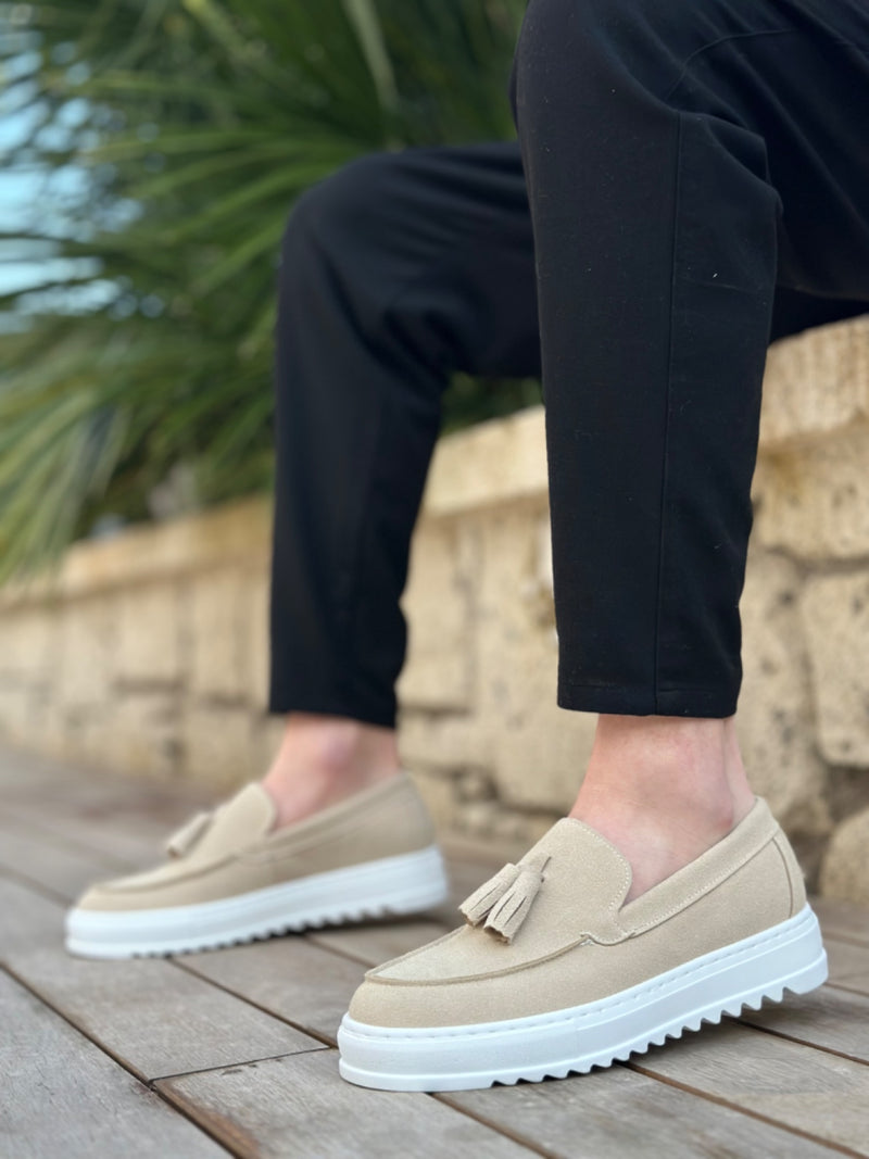 BA0154 Laceless High Sole Linen Cream Color Tassel Men's Shoes - STREETMODE ™