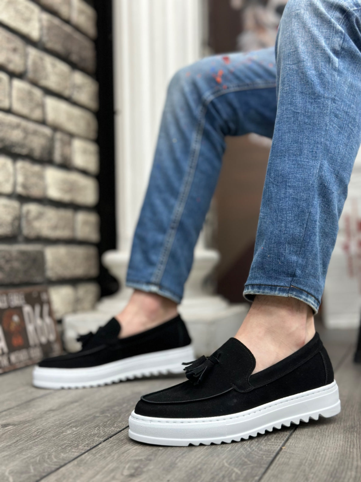 BA0154 Laceless High Sole Suede Black Color White Sole Tassel Men's Shoes - STREETMODE ™