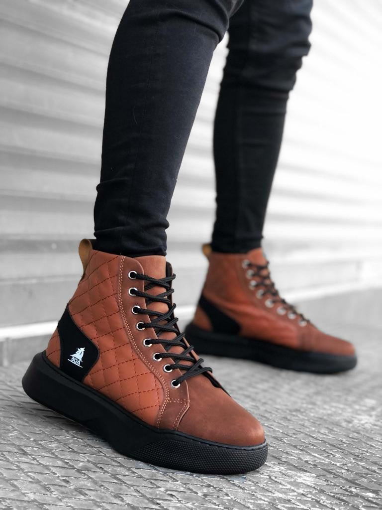 BA0159 Lace-up Dark Tan Quilted Men's High-Sole Sports Boots - STREET MODE ™