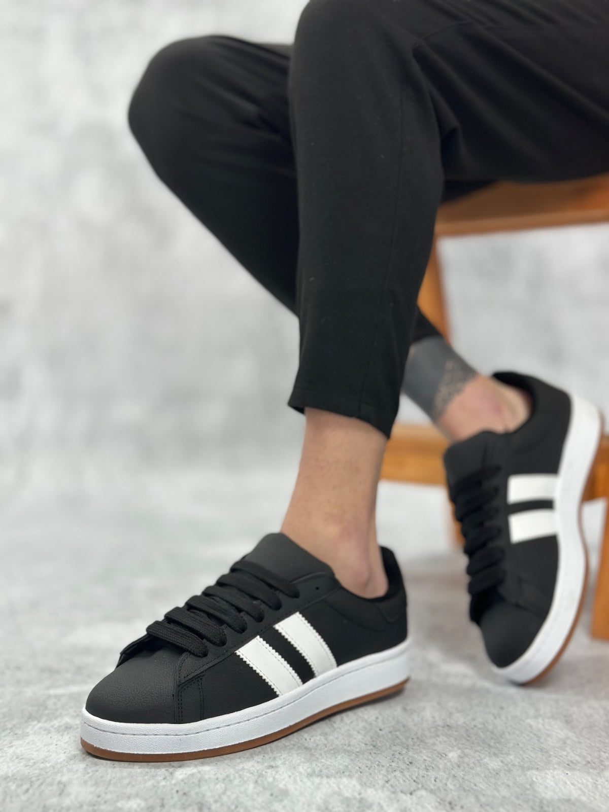 BA0235 Two Striped Black Skin Men's Casual Shoes - STREETMODE ™