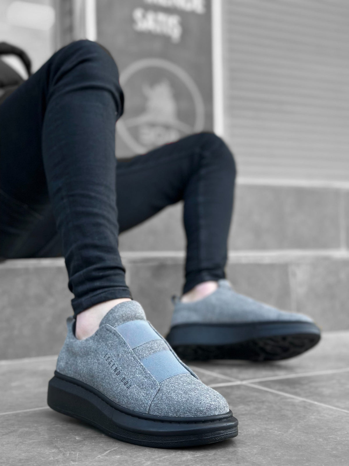 BA0307 Thick Suede High Sole Double Band Gray Black Men's Sneakers Shoes - STREETMODE ™