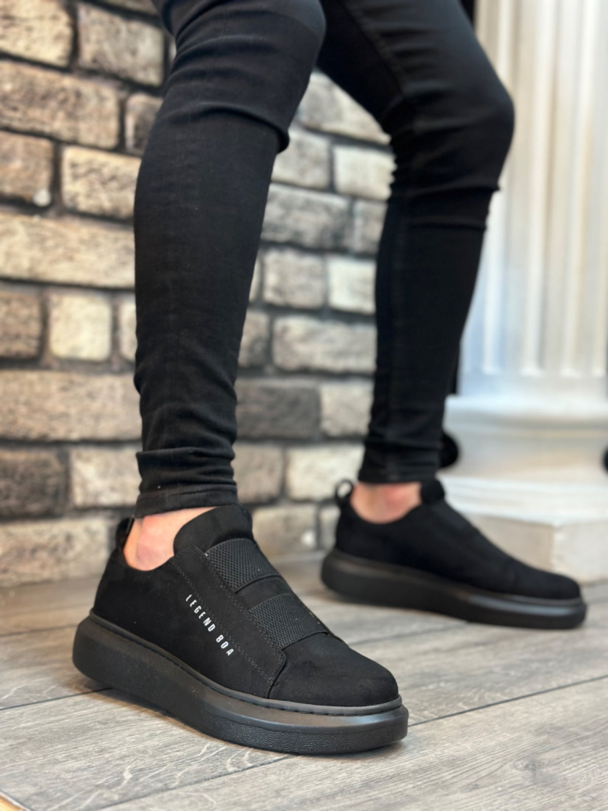BA0307 Thick Suede High Sole Double Band Black Men's Shoes Sneakers - STREET MODE ™