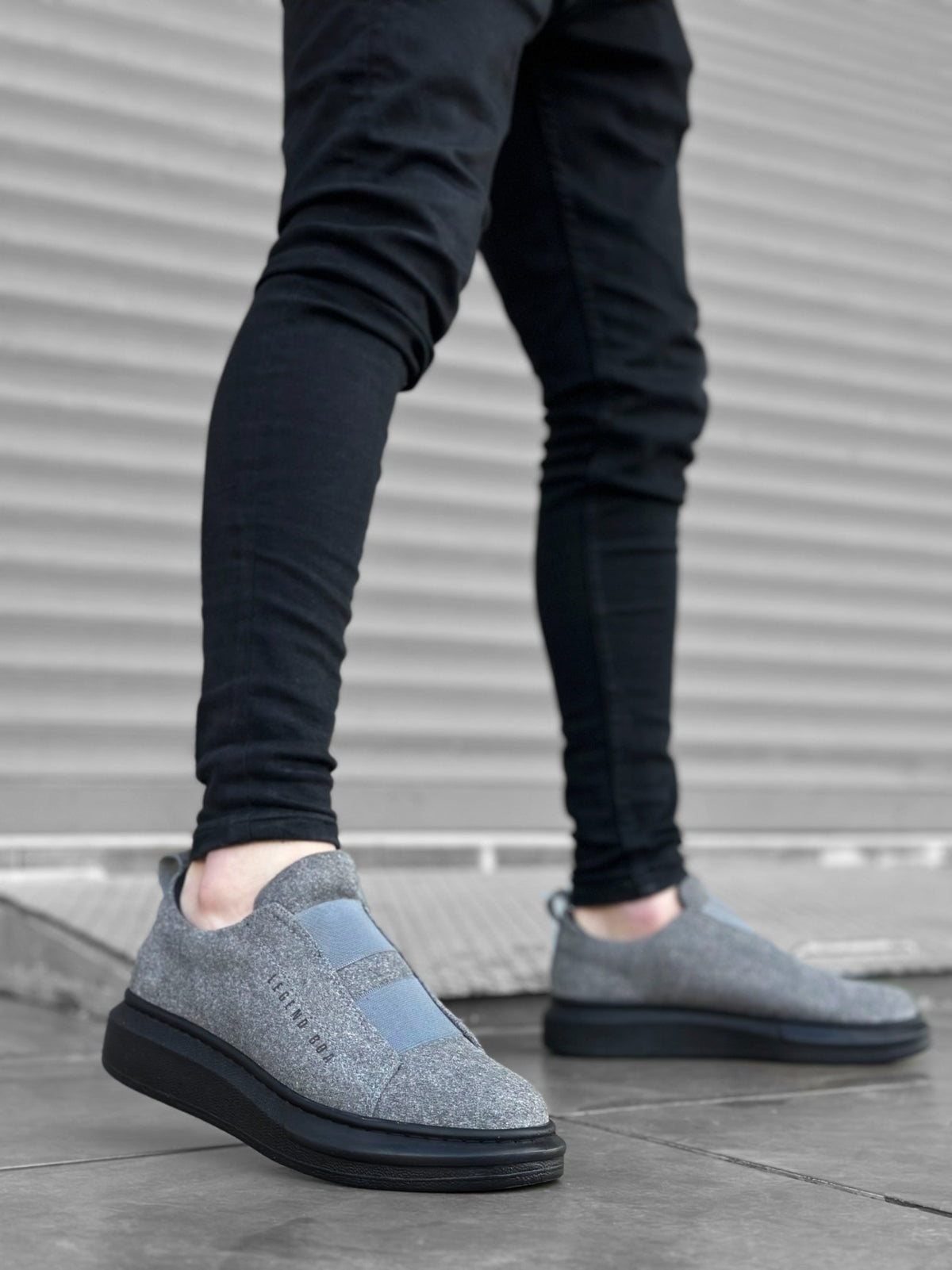 BA0307 Thick Suede High Sole Double Band Gray Black Men's Sneakers Shoes - STREETMODE ™