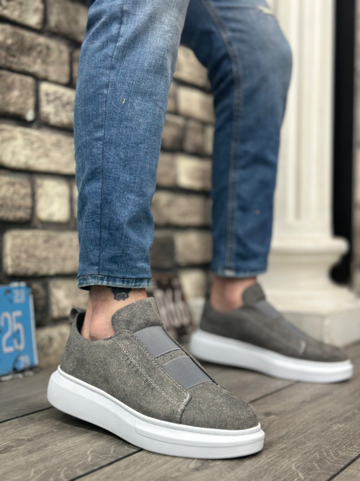 BA0307 Thick Suede High Sole Double Band Gray Men's Sneakers Shoes - STREETMODE ™