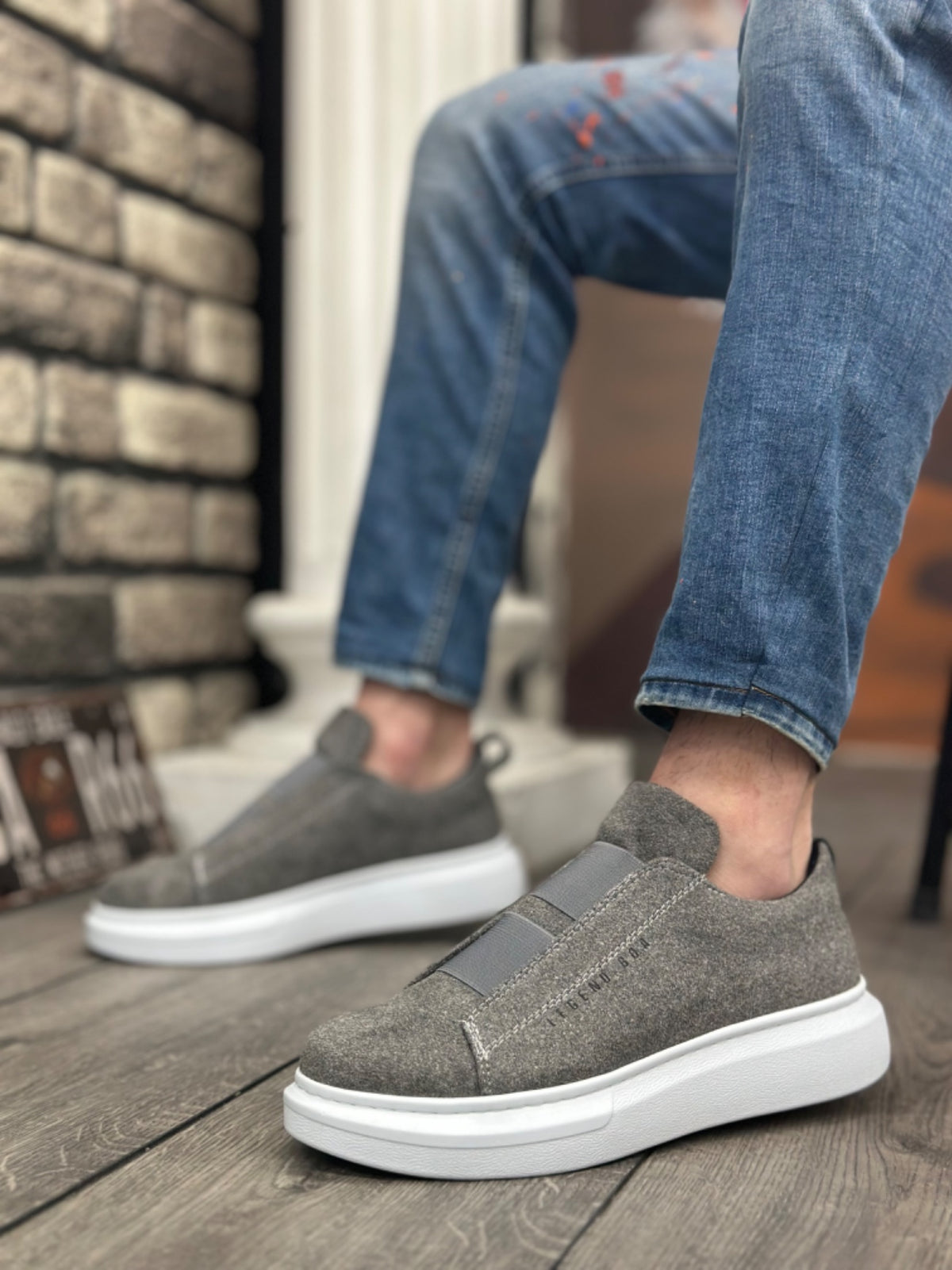 BA0307 Thick Suede High Sole Double Band Gray Men's Sneakers Shoes - STREETMODE ™