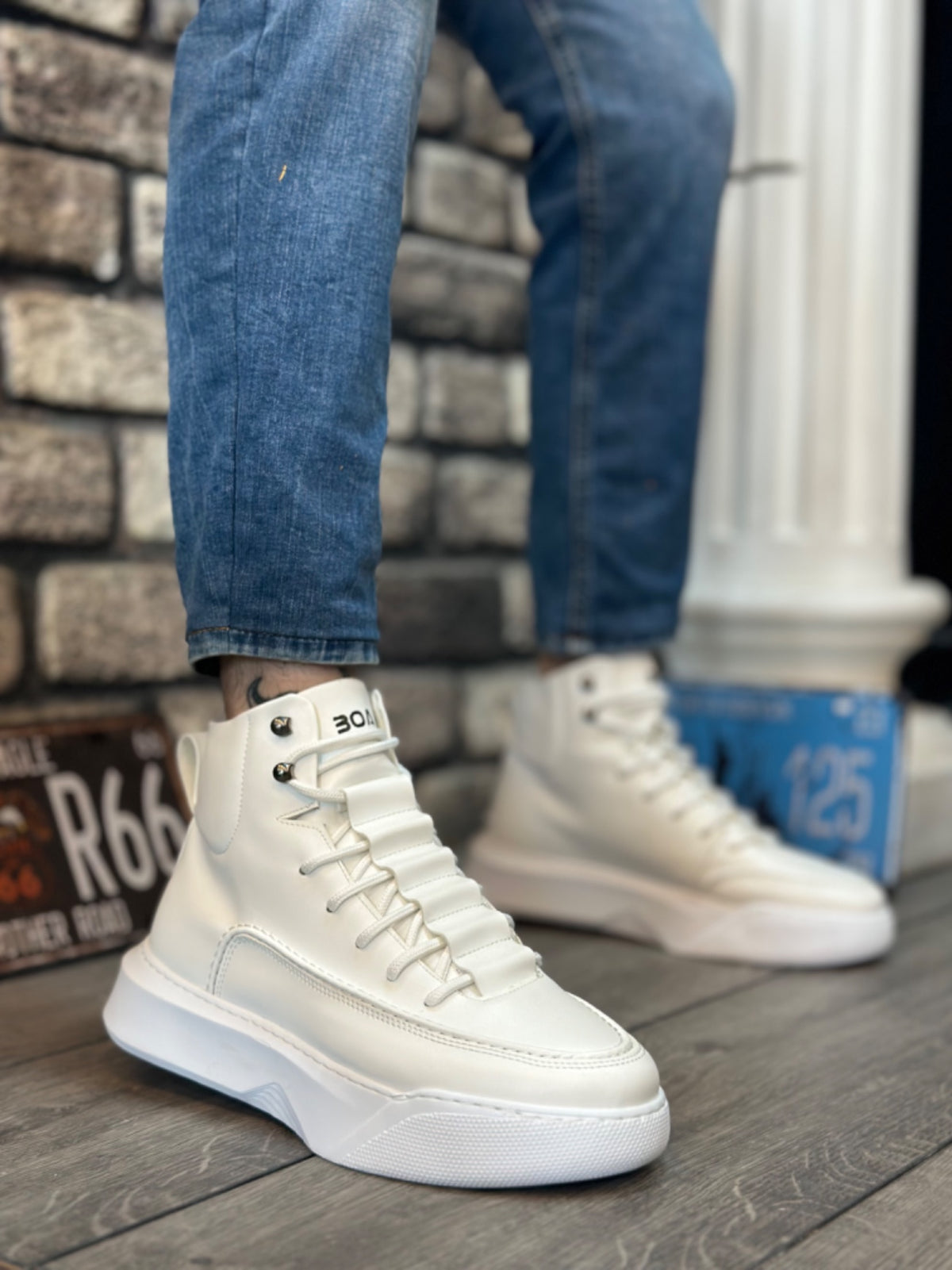 BA0321 Hidden Lace Men's High Sole White Sports Boots - STREETMODE ™