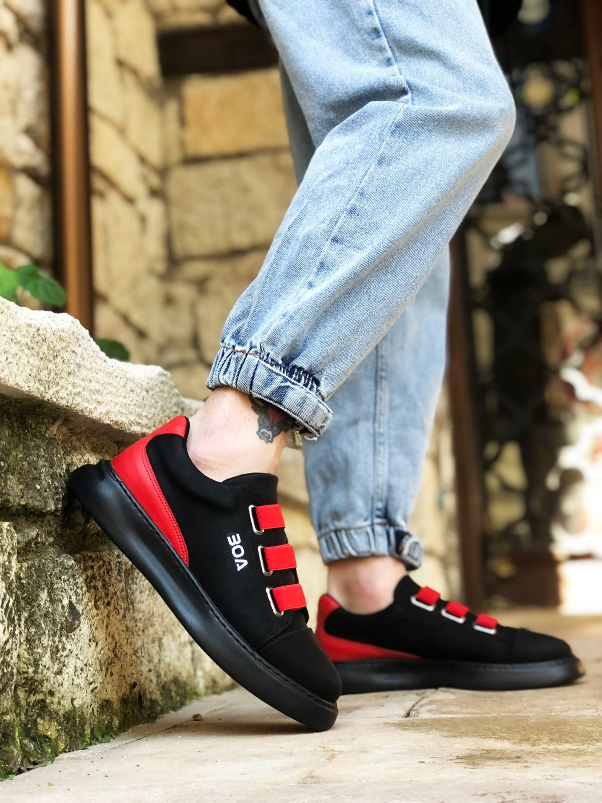 BA0329 3-Stripes Black Red Detailed Thick Sole Men's Casual Shoes - STREET MODE ™