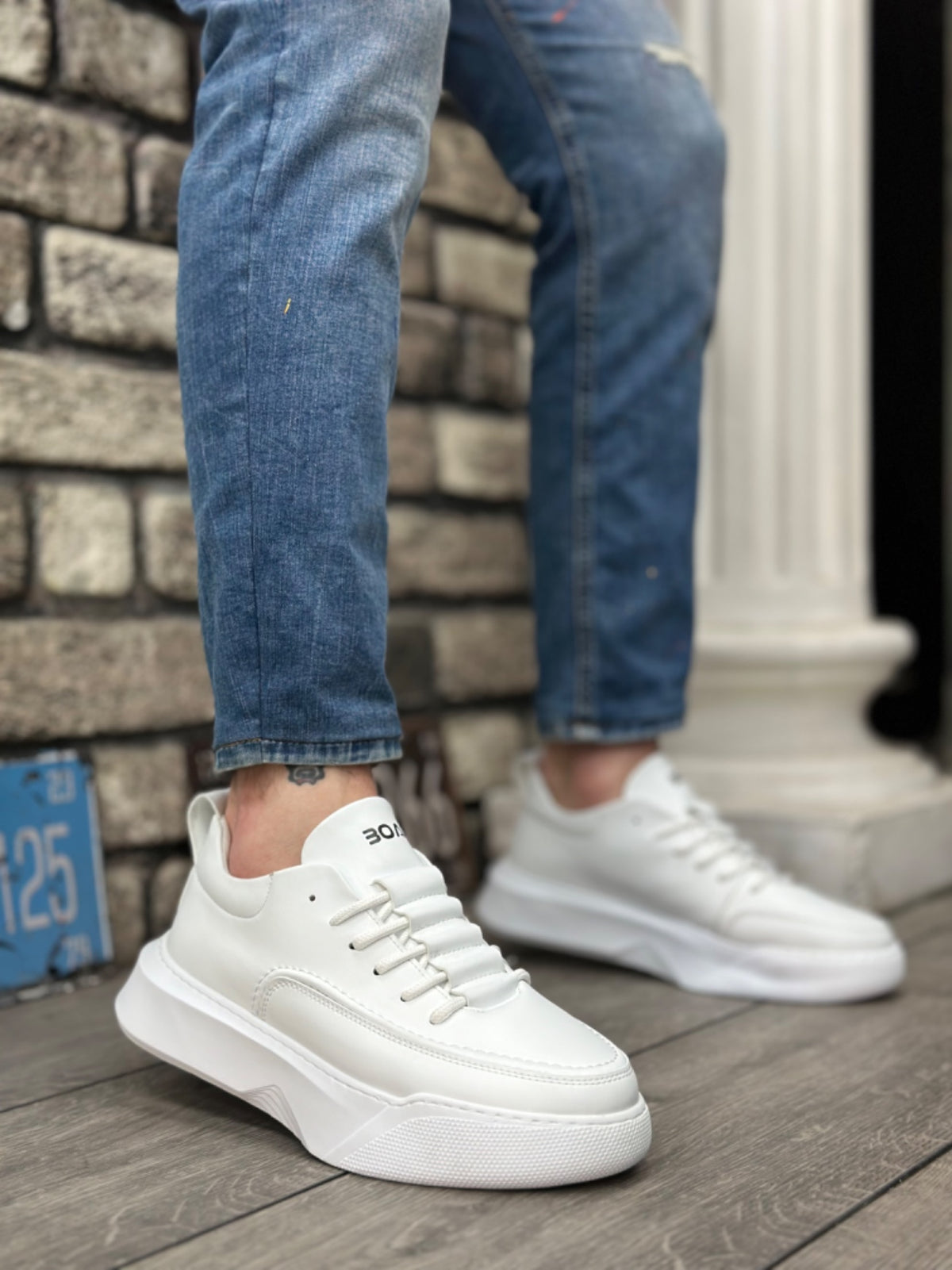BA0332 Ladder Pattern Lace-Up Men's High Sole White Skin Sports Shoes - STREETMODE ™