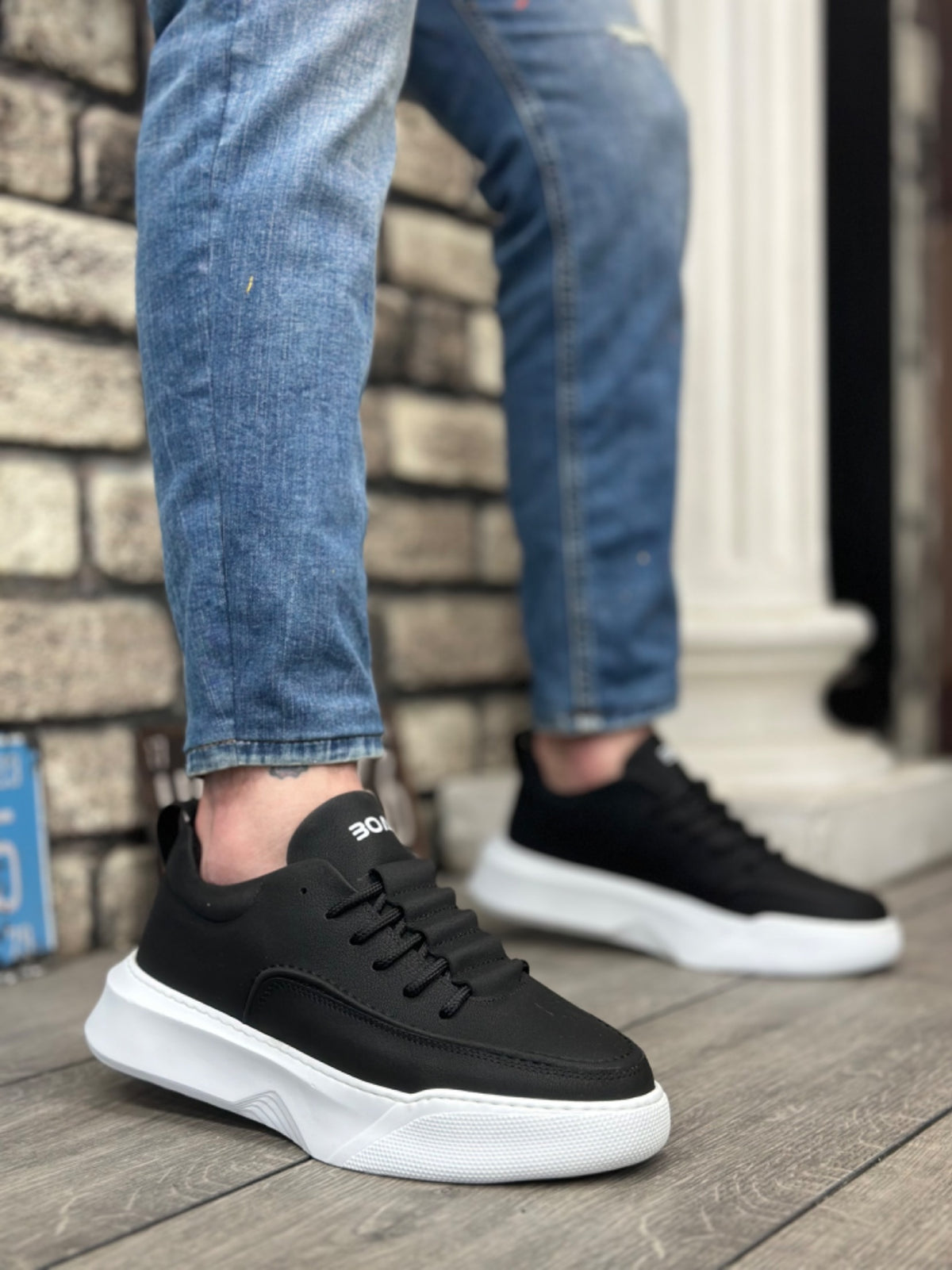 BA0332 Ladder Pattern Lace-Up Men's High Sole Black Skin White Sole Sports Shoes - STREETMODE ™
