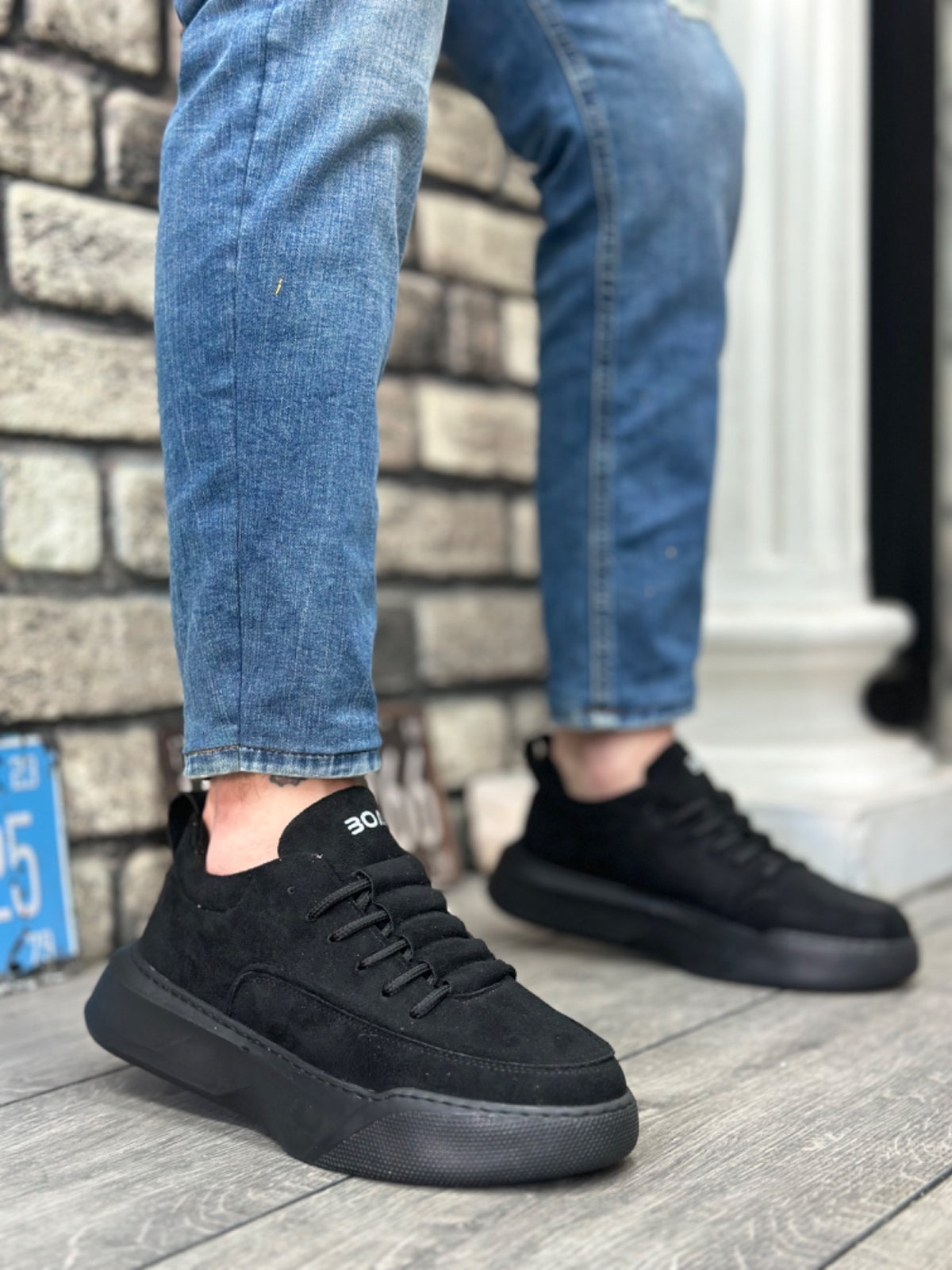 BA0332 Ladder Pattern Lace-Up Men's High Sole Black Suede Black Sole Sports Shoes - STREETMODE ™