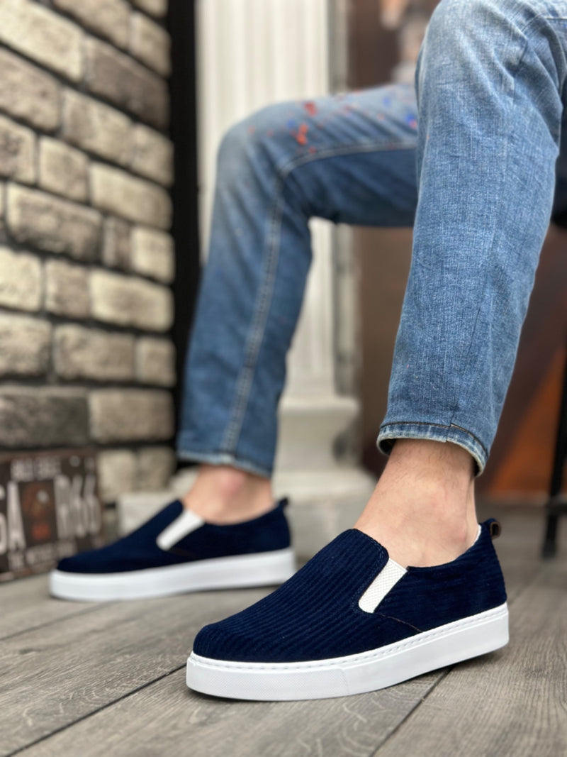 BA0339 Laceless Velvet Navy Blue White Sole Casual Men's Shoes - STREETMODE ™