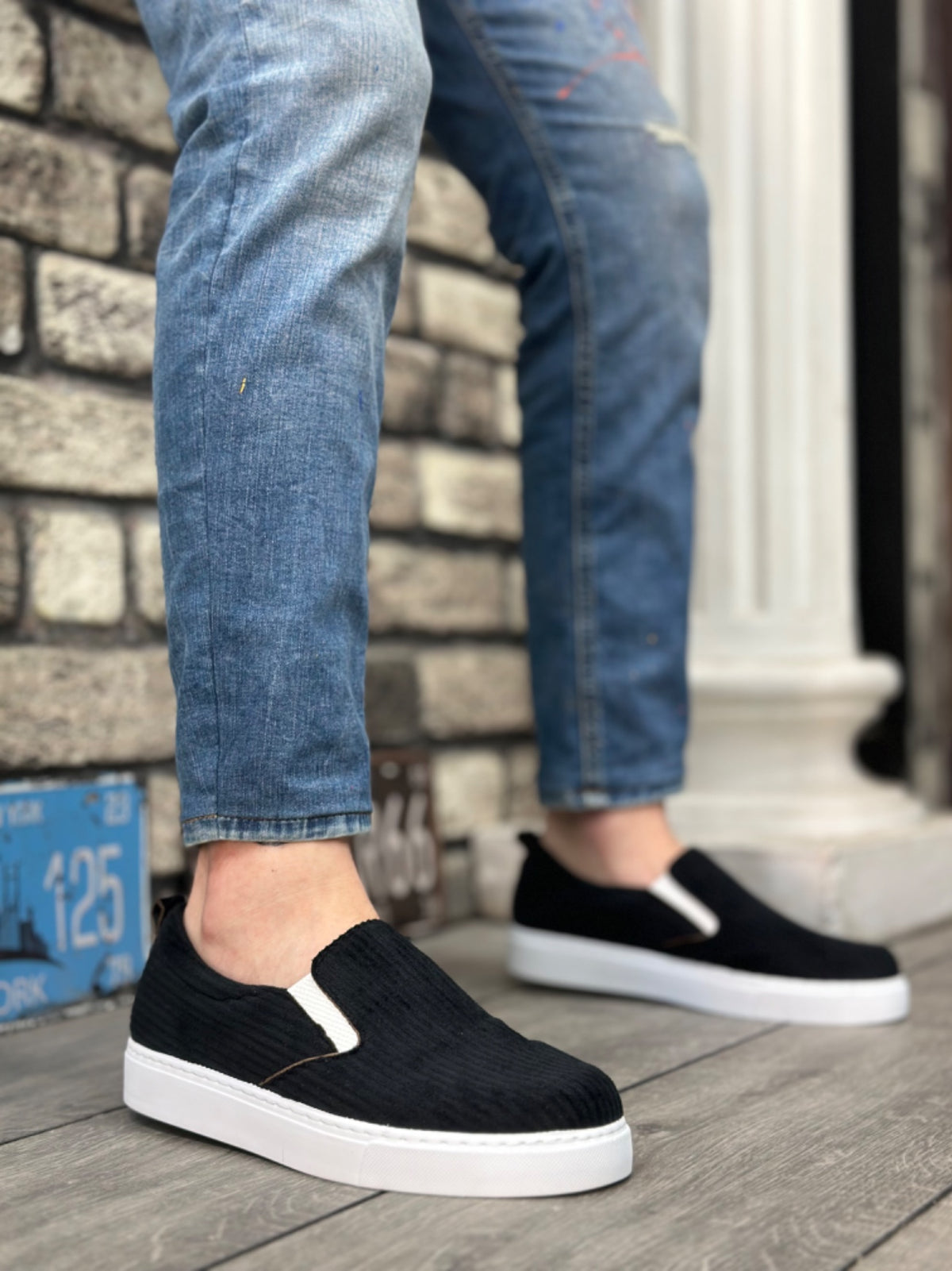 BA0339 Laceless Velvet Black White Sole Casual Men's Shoes - STREETMODE ™