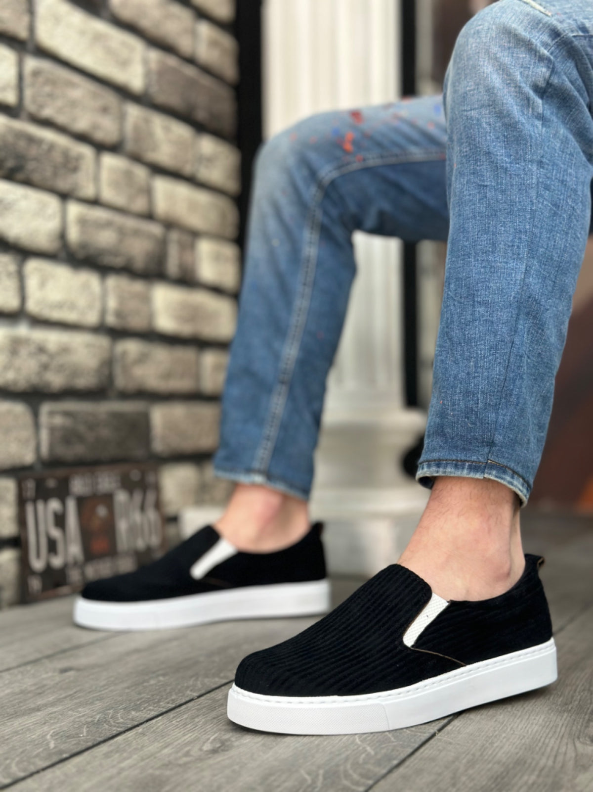 BA0339 Laceless Velvet Black White Sole Casual Men's Shoes - STREETMODE ™