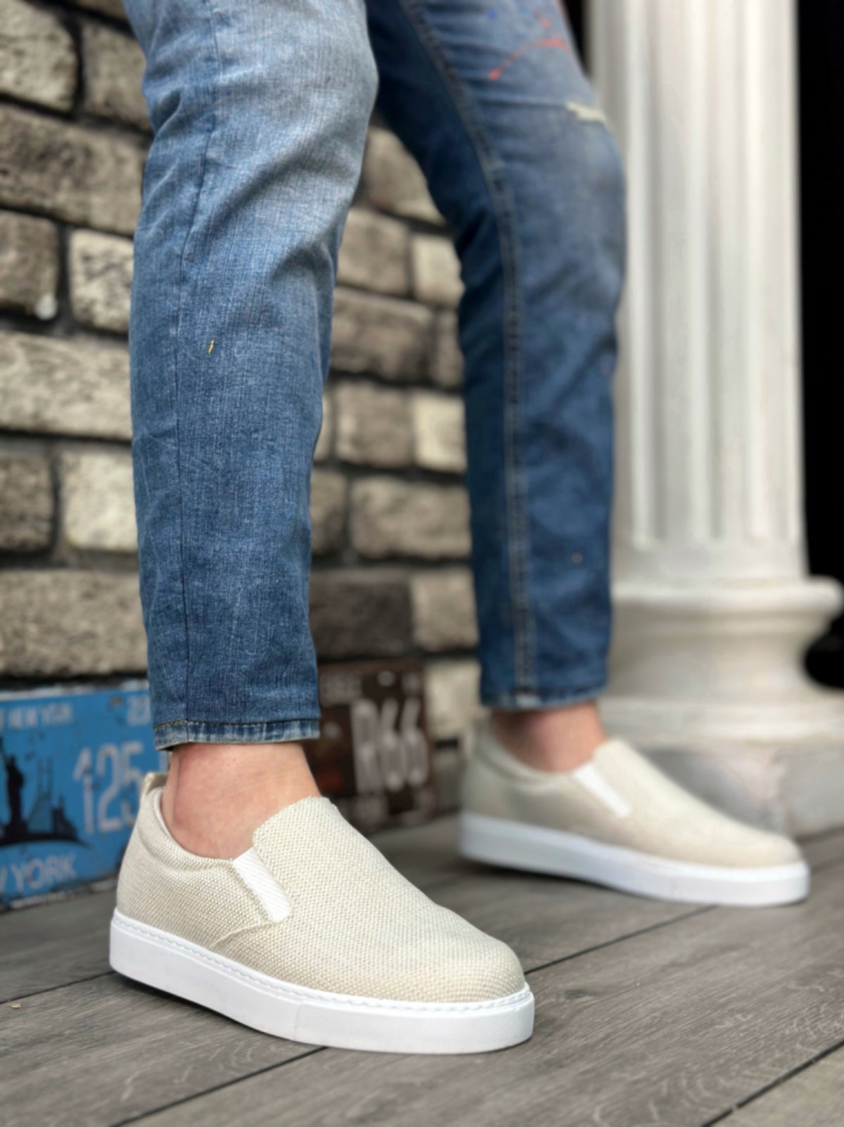 BA0339 Laceless Linen Cream White Sole Casual Men's Shoes - STREETMODE ™
