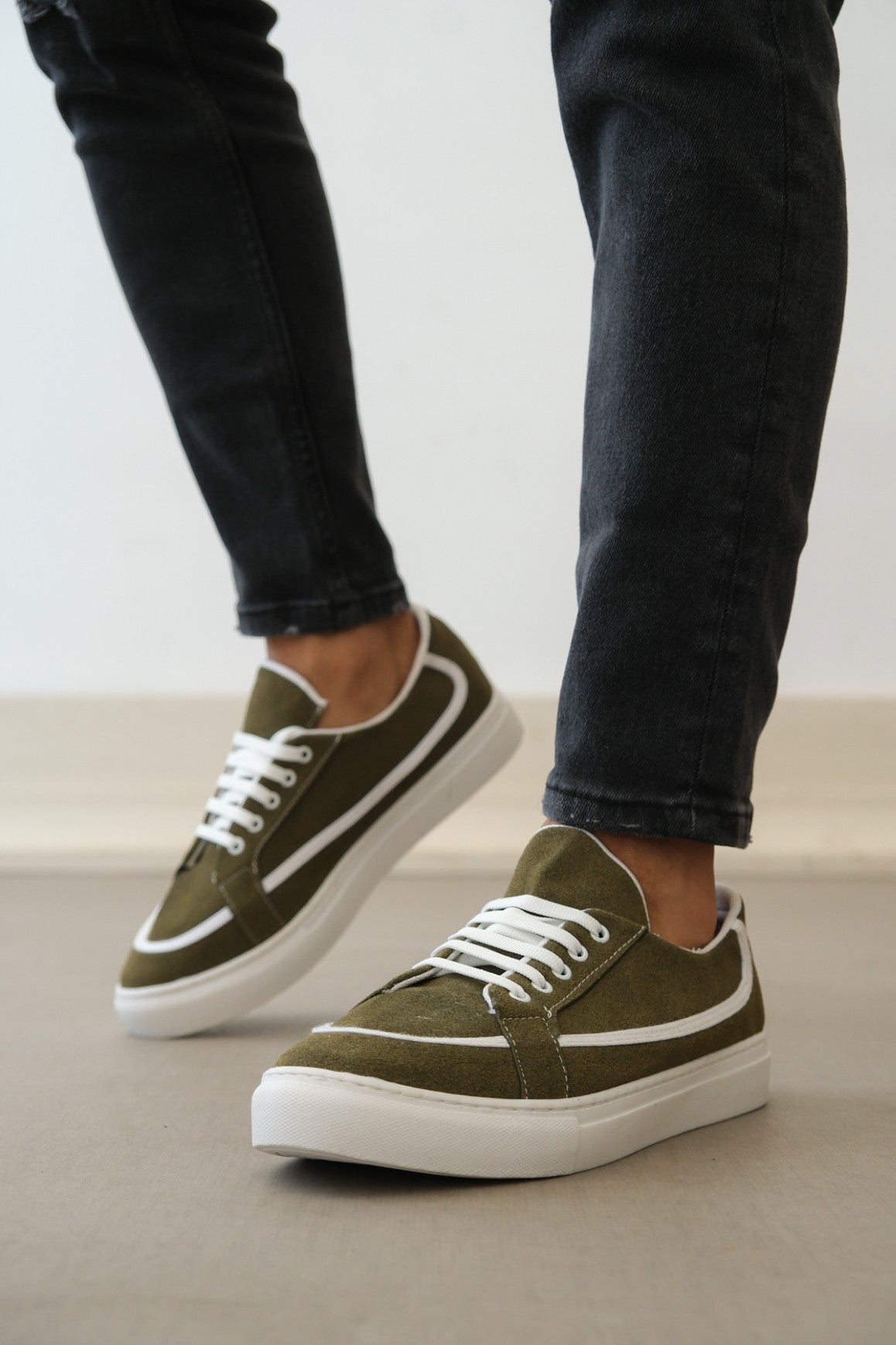 BA0351 Laced Leather Powder Casual Green Color Sneakers - STREETMODE ™