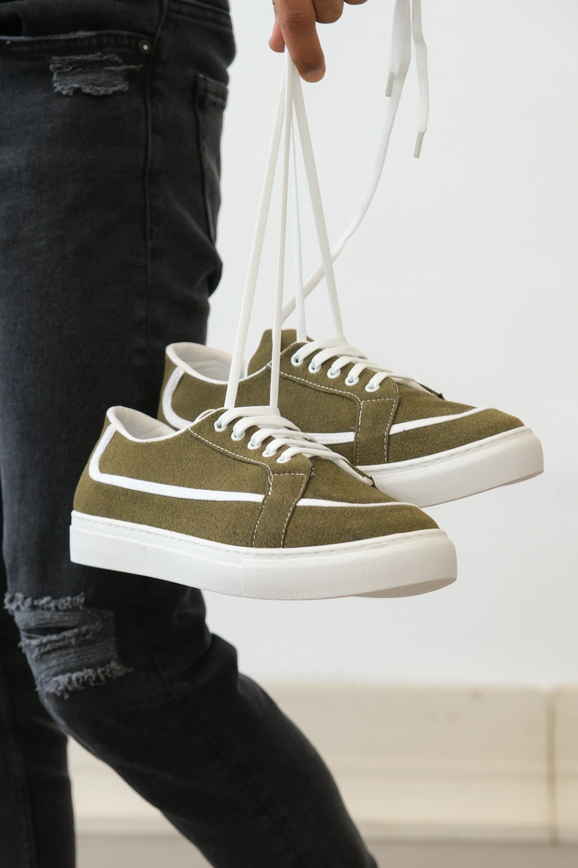BA0351 Laced Leather Powder Casual Green Color Sneakers - STREETMODE ™