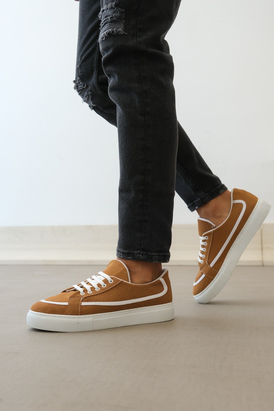 BA0351 Laced Leather Powder Casual Brown Color Sneakers - STREETMODE ™