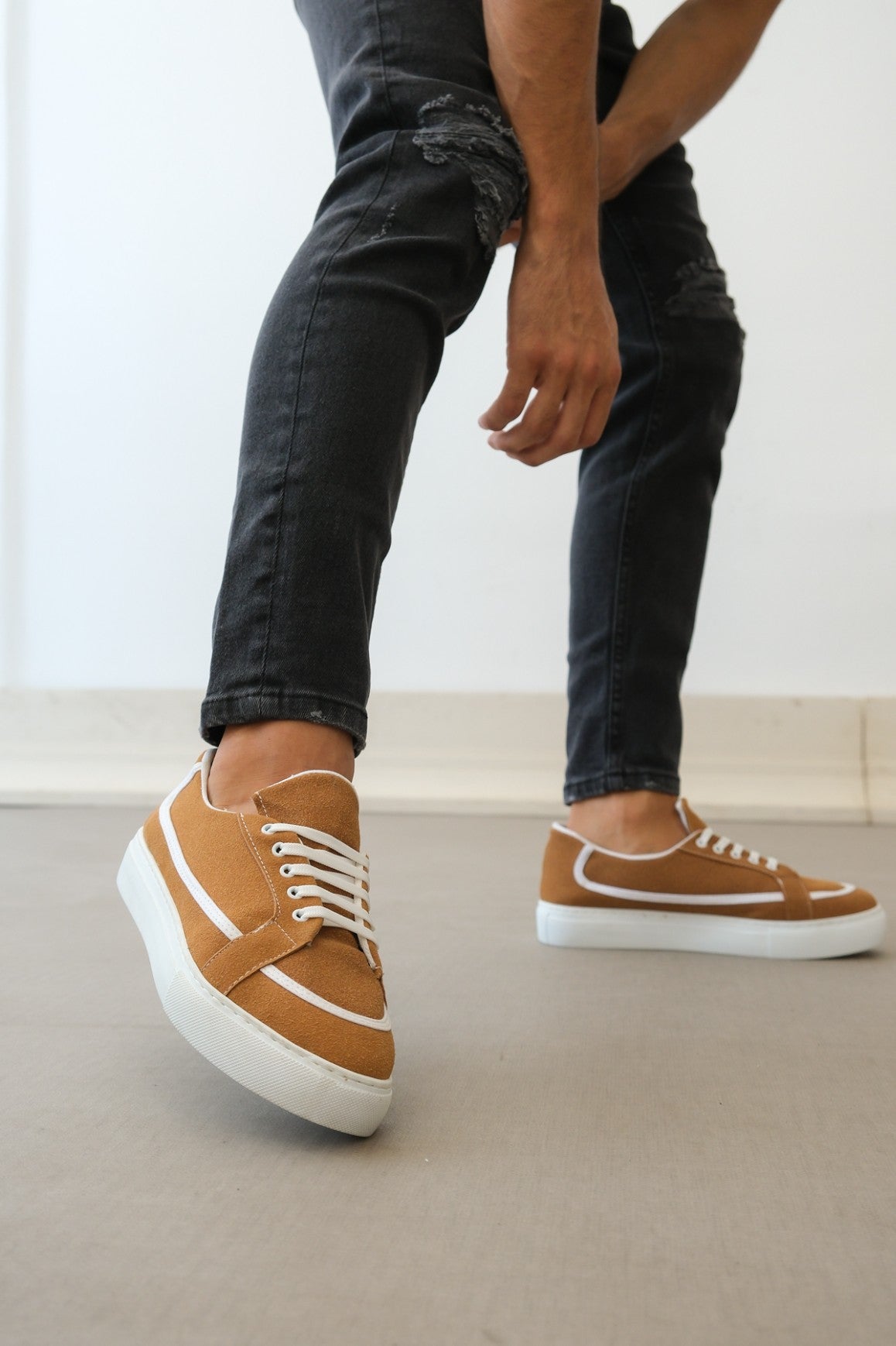 BA0351 Laced Leather Powder Casual Brown Color Sneakers - STREETMODE ™