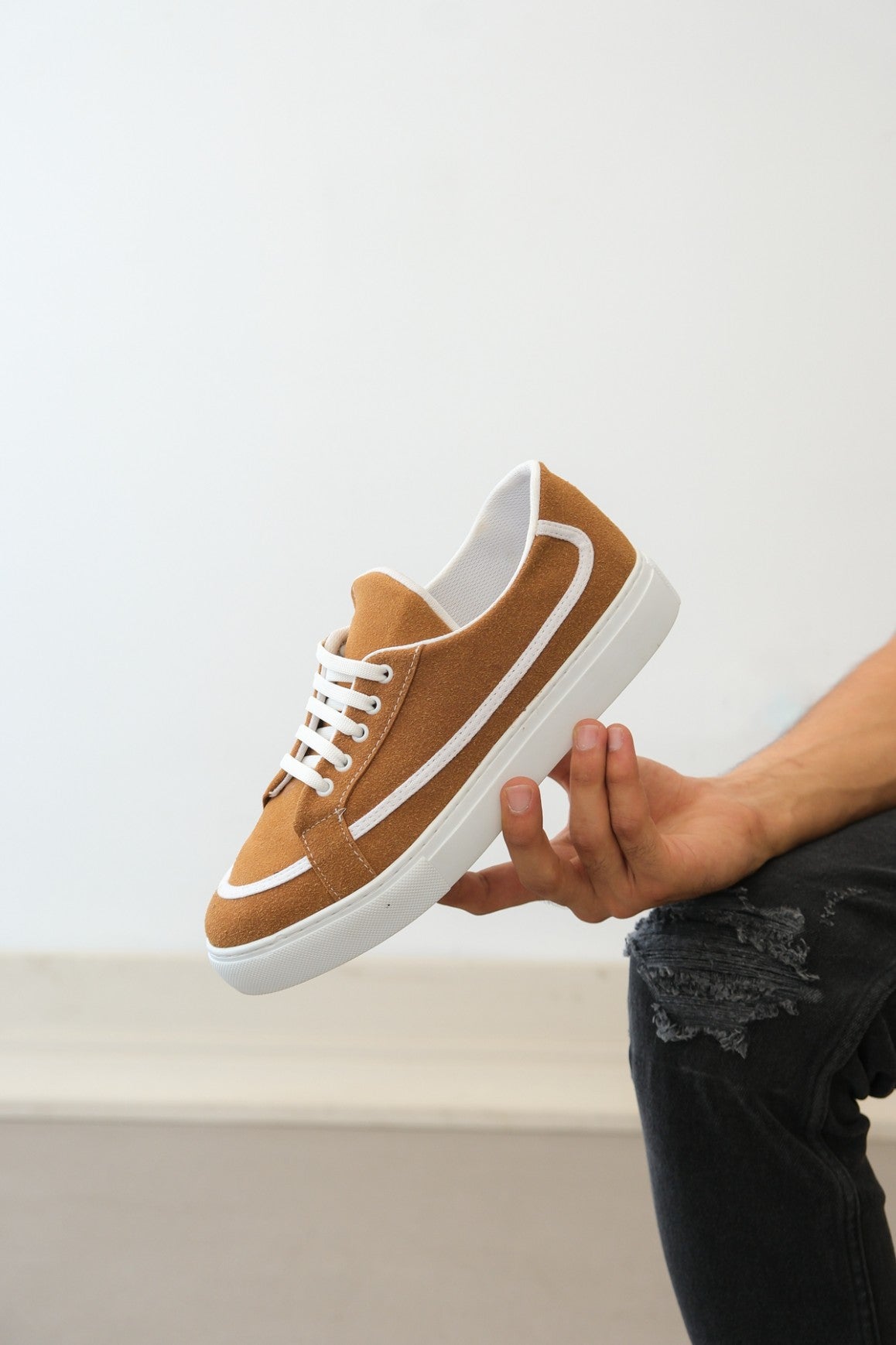 BA0351 Laced Leather Powder Casual Brown Color Sneakers - STREETMODE ™