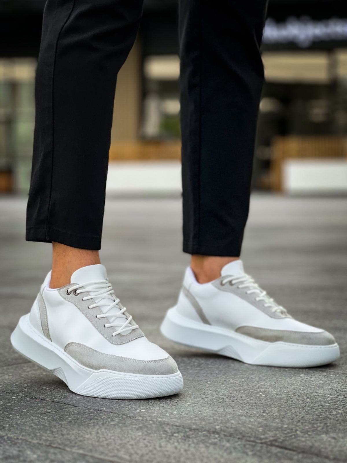 BA0354 Casual Lace-Up Men's Grey Piece White High Sole Sneakers - STREETMODE ™