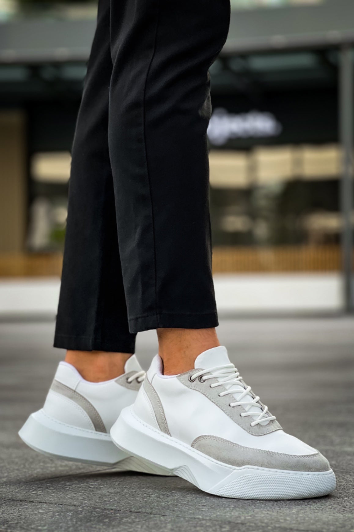 BA0354 Casual Lace-Up Men's Grey Piece White High Sole Sneakers - STREETMODE ™