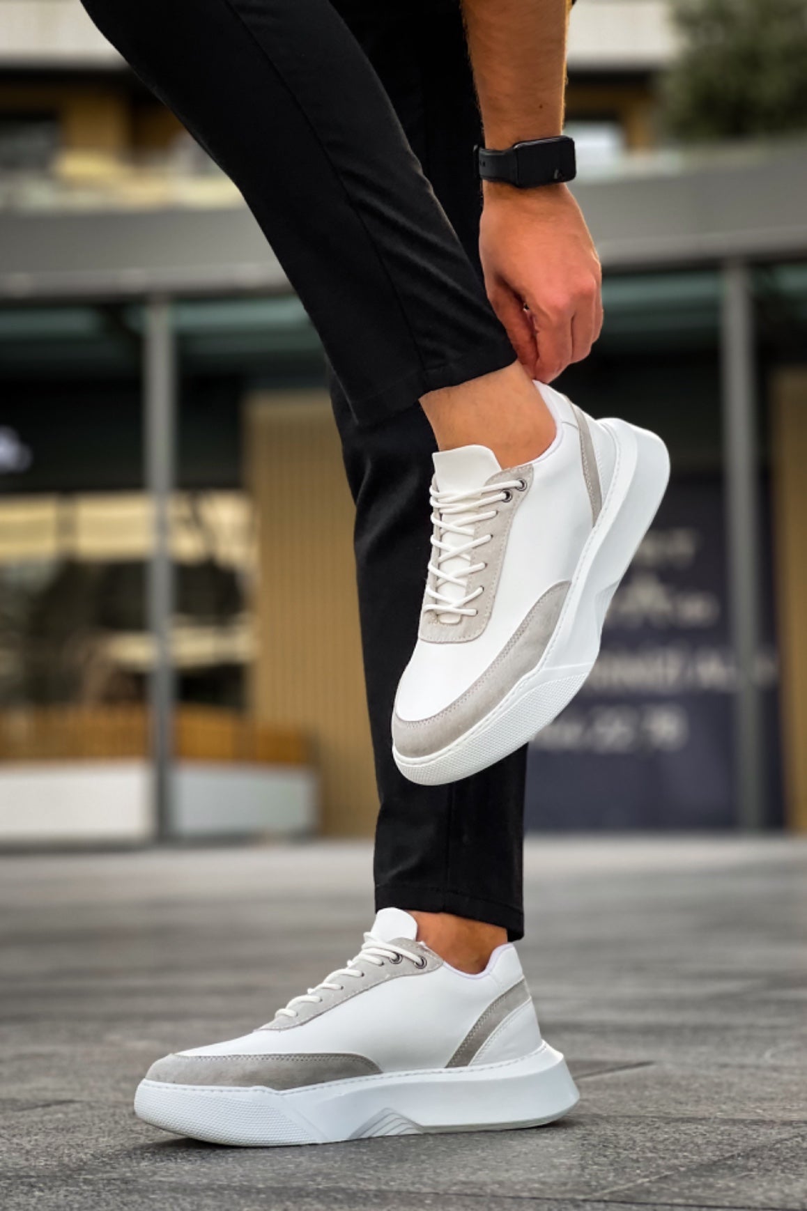 BA0354 Casual Lace-Up Men's Grey Piece White High Sole Sneakers - STREETMODE ™