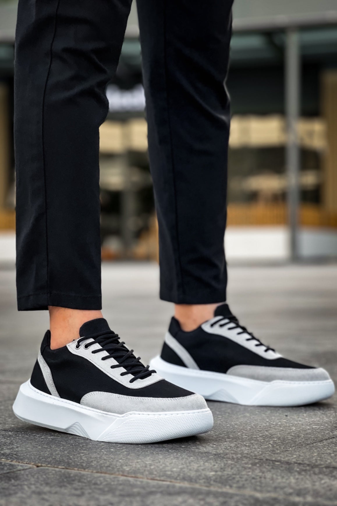 BA0354 Casual Lace-Up Men's Grey Piece Black High Sole Sneakers - STREETMODE ™