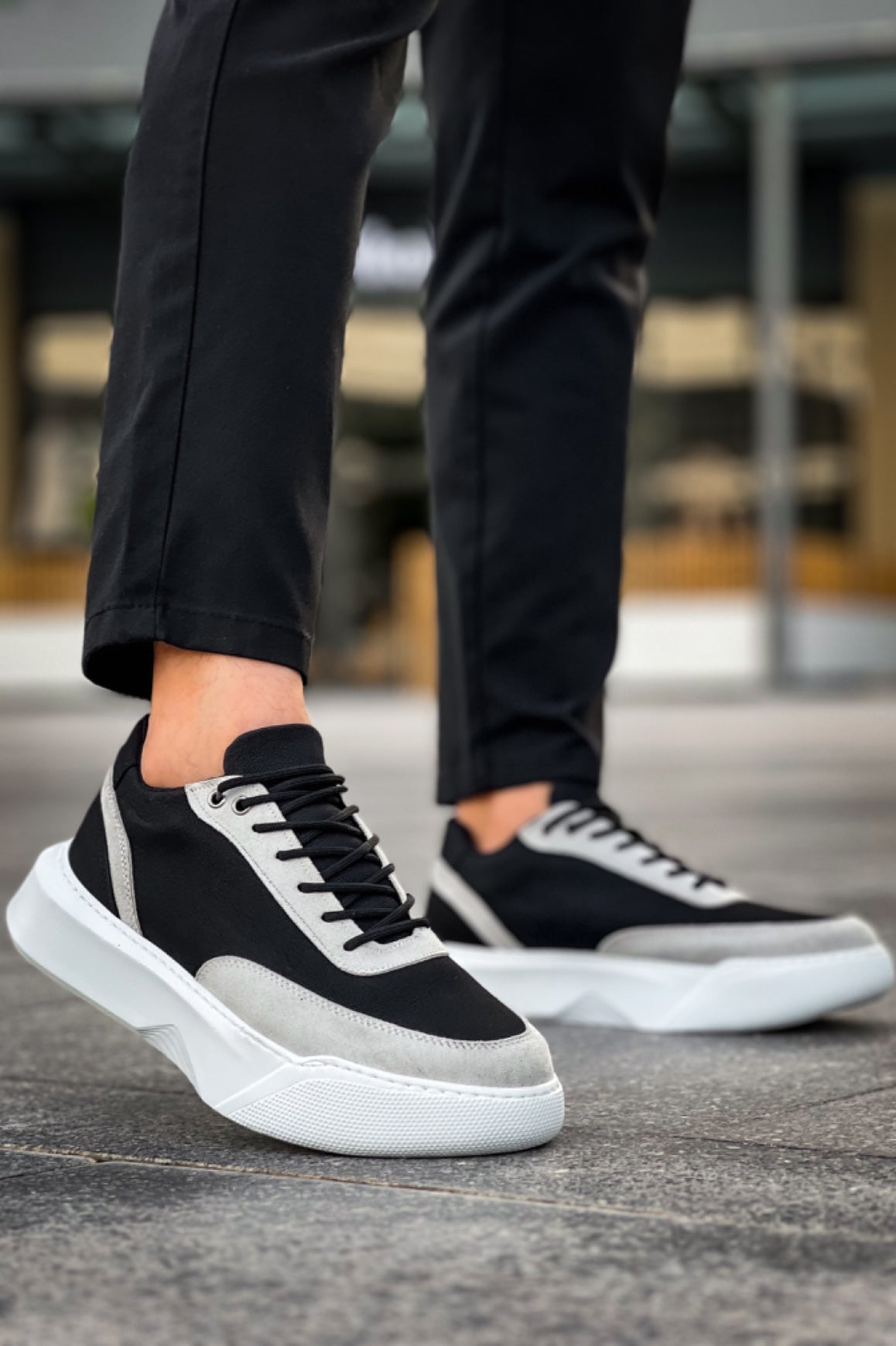 BA0354 Casual Lace-Up Men's Grey Piece Black High Sole Sneakers - STREETMODE ™