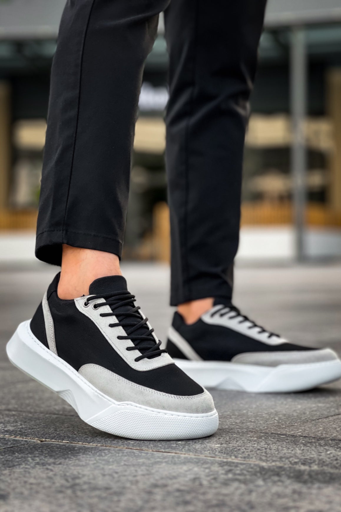 BA0354 Casual Lace-Up Men's Grey Piece Black High Sole Sneakers - STREETMODE ™