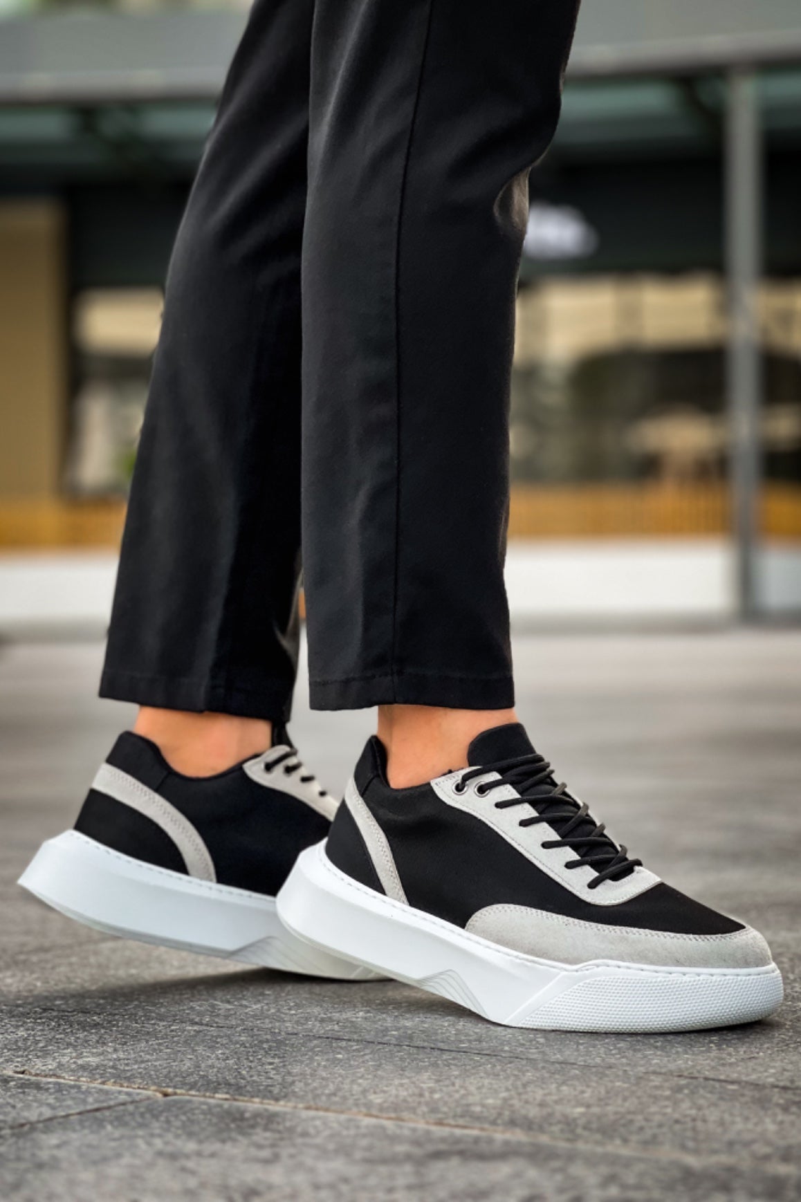 BA0354 Casual Lace-Up Men's Grey Piece Black High Sole Sneakers - STREETMODE ™