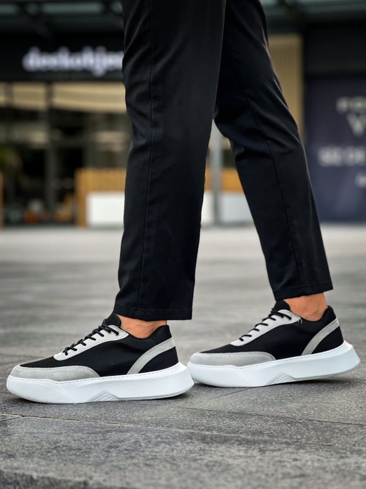 BA0354 Casual Lace-Up Men's Grey Piece Black High Sole Sneakers - STREETMODE ™