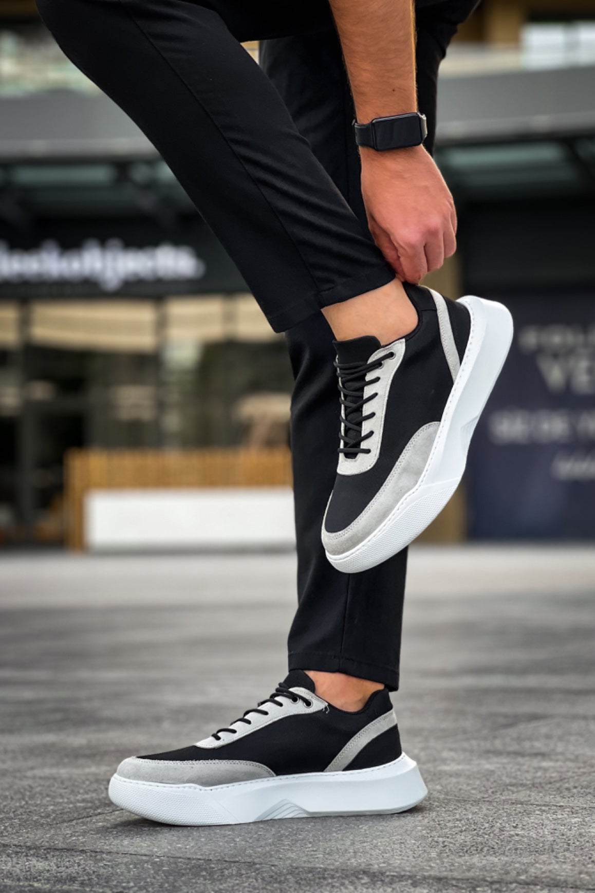 BA0354 Casual Lace-Up Men's Grey Piece Black High Sole Sneakers - STREETMODE ™