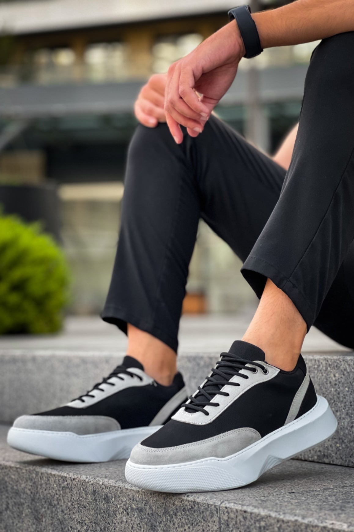 BA0354 Casual Lace-Up Men's Grey Piece Black High Sole Sneakers - STREETMODE ™