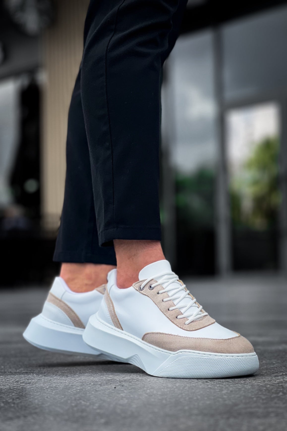 BA0354 Casual Lace-Up Men's Cream Piece White High Sole Sneakers - STREETMODE ™