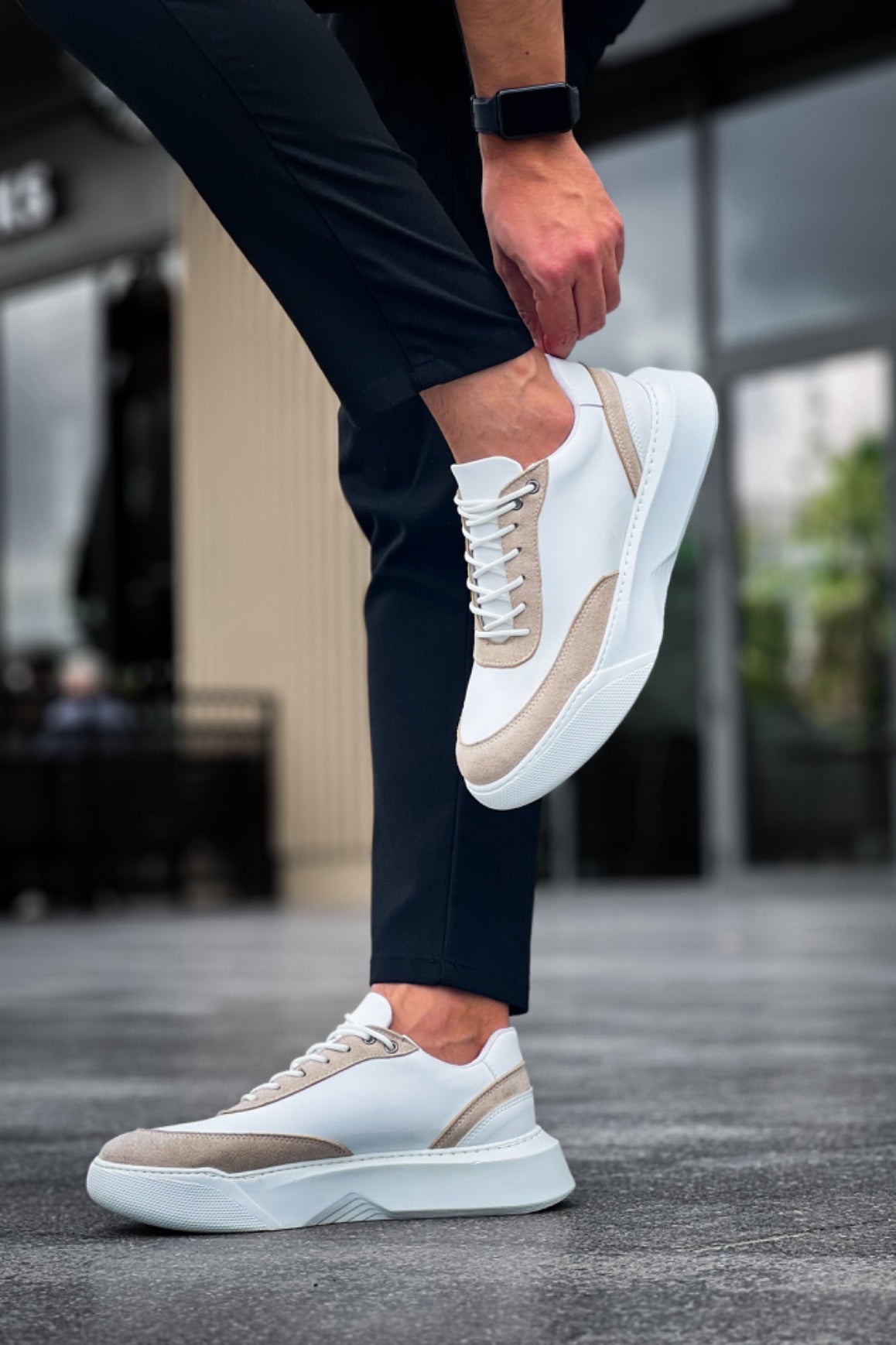 BA0354 Casual Lace-Up Men's Cream Piece White High Sole Sneakers - STREETMODE ™