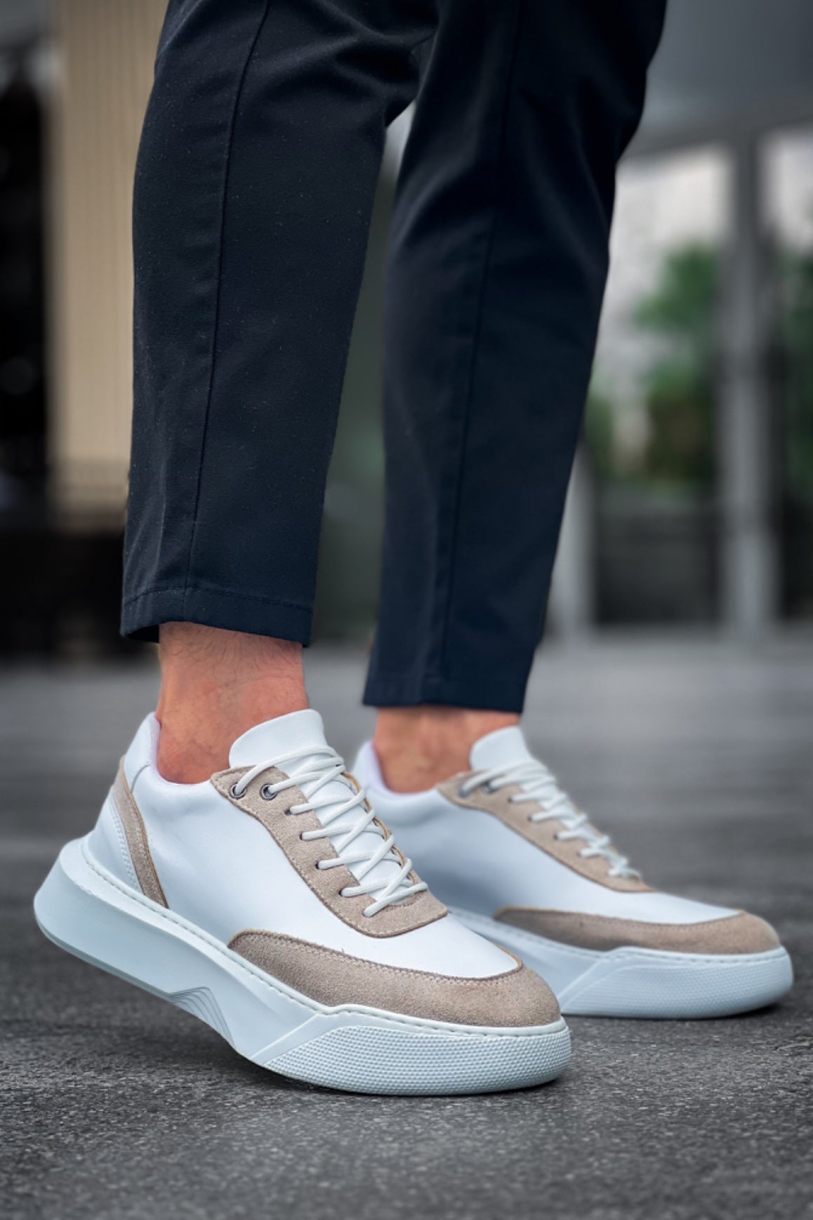 BA0354 Casual Lace-Up Men's Cream Piece White High Sole Sneakers - STREETMODE ™