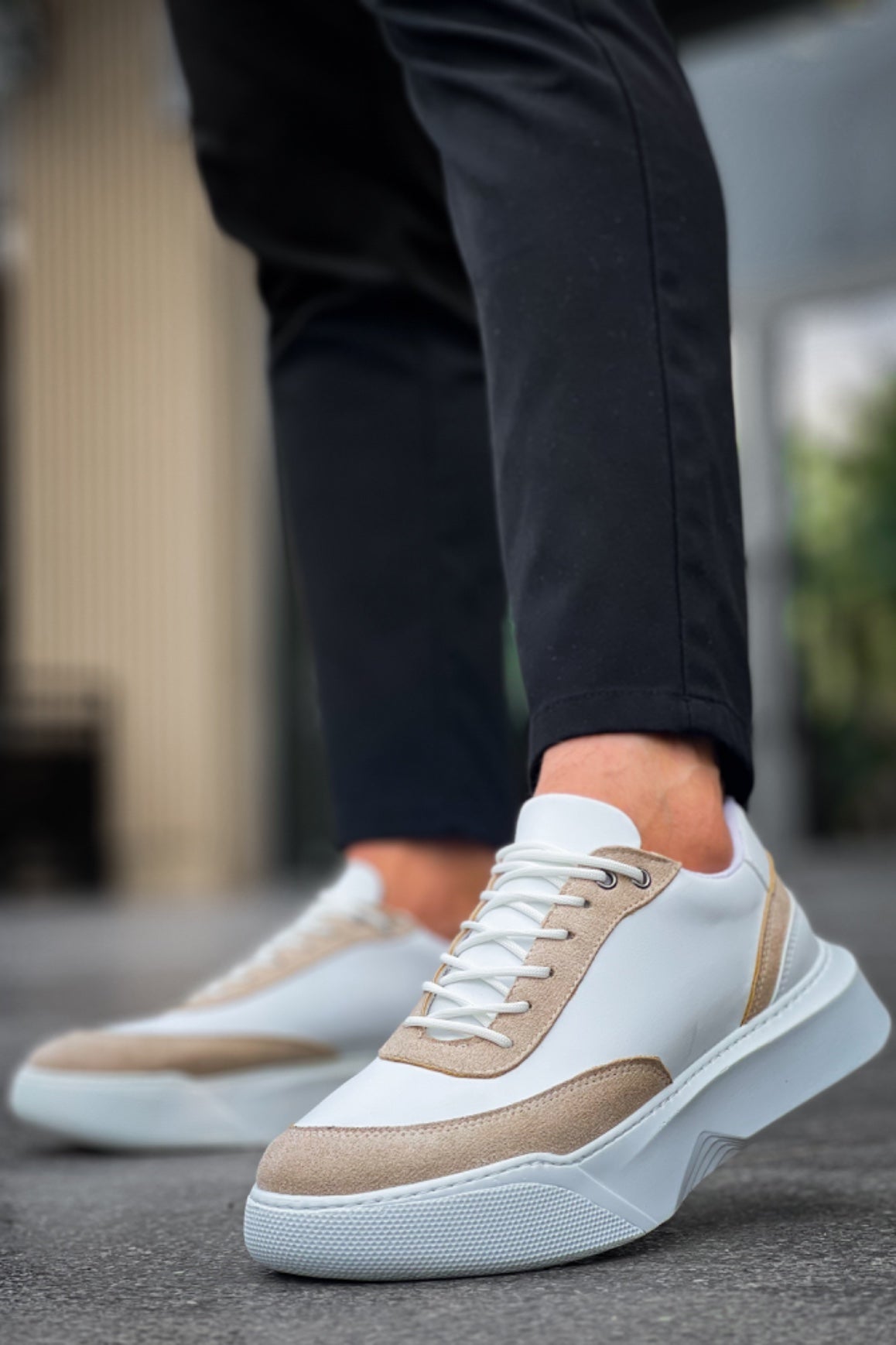 BA0354 Casual Lace-Up Men's Cream Piece White High Sole Sneakers - STREETMODE ™