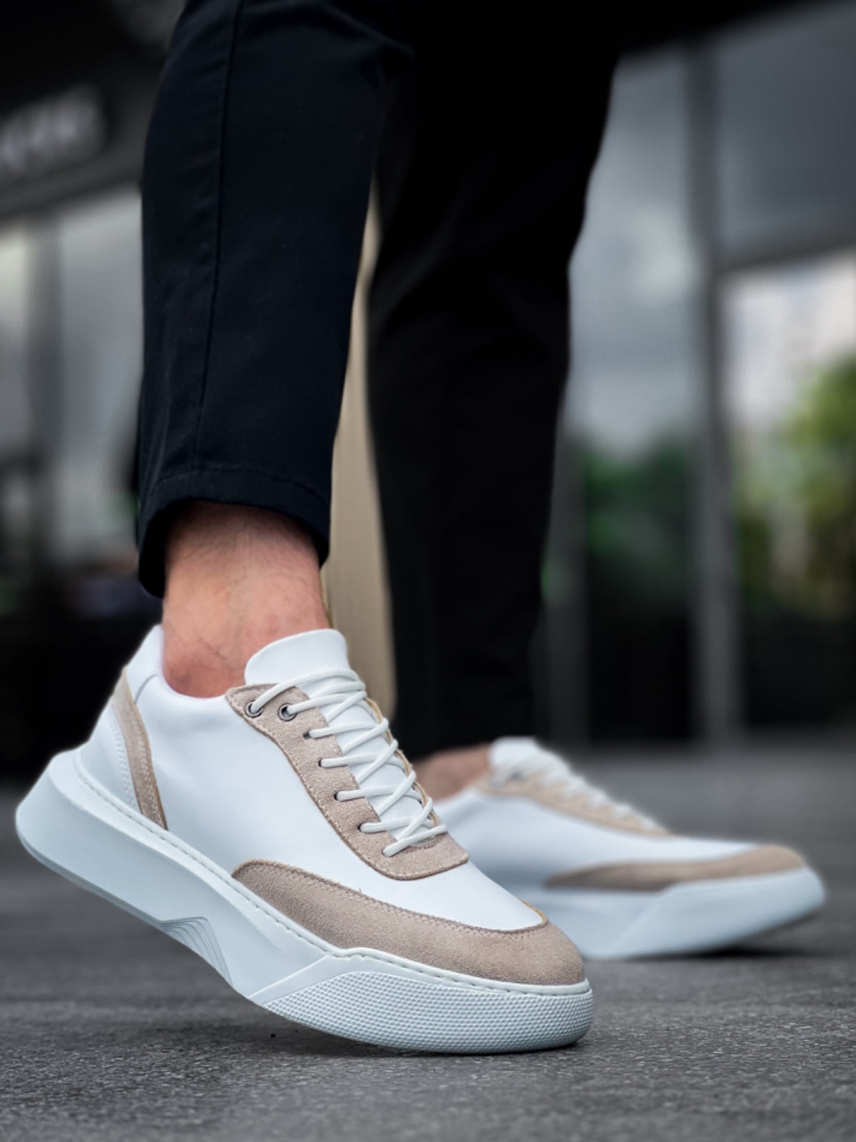 BA0354 Casual Lace-Up Men's Cream Piece White High Sole Sneakers - STREETMODE ™
